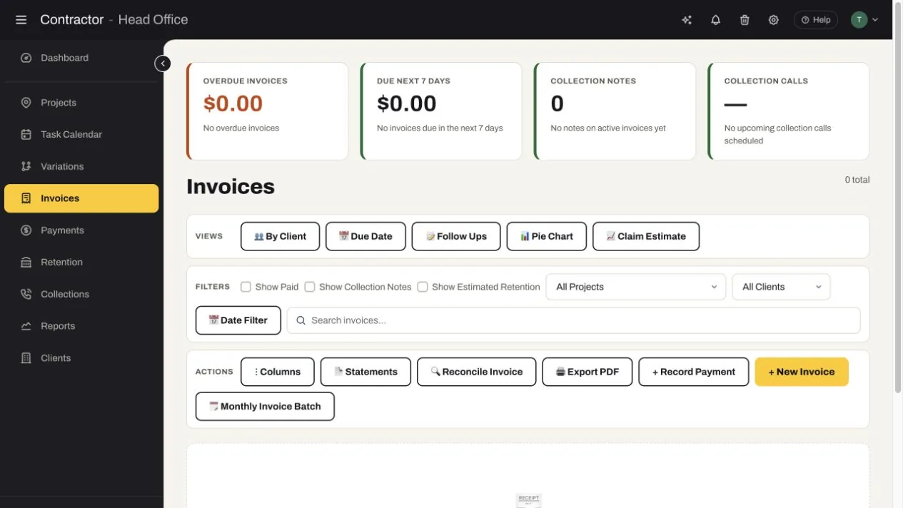 SubbieTRAC invoice control showing overdue and upcoming invoice metrics, collection actions, filters, statements, reconciliation, payments and new invoice controls