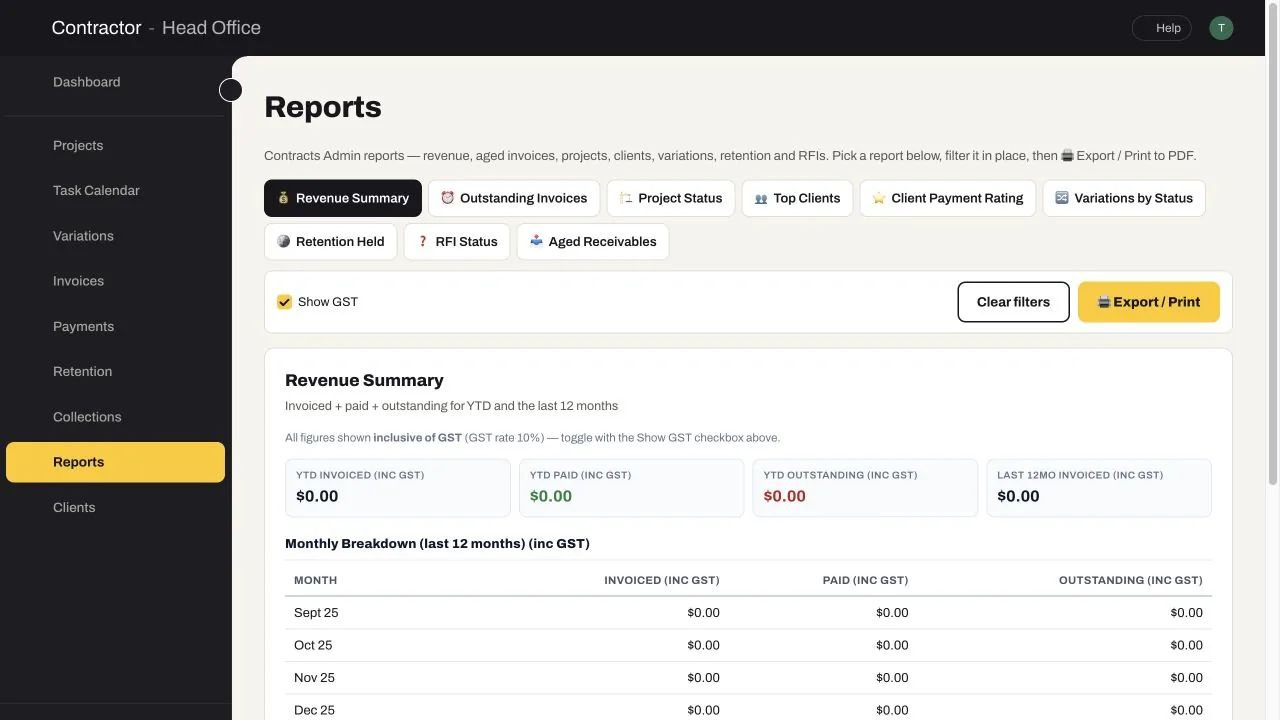 SubbieTRAC Contractor reports showing revenue, outstanding invoices, project status, clients, variation, retention, RFI and aged receivables report options