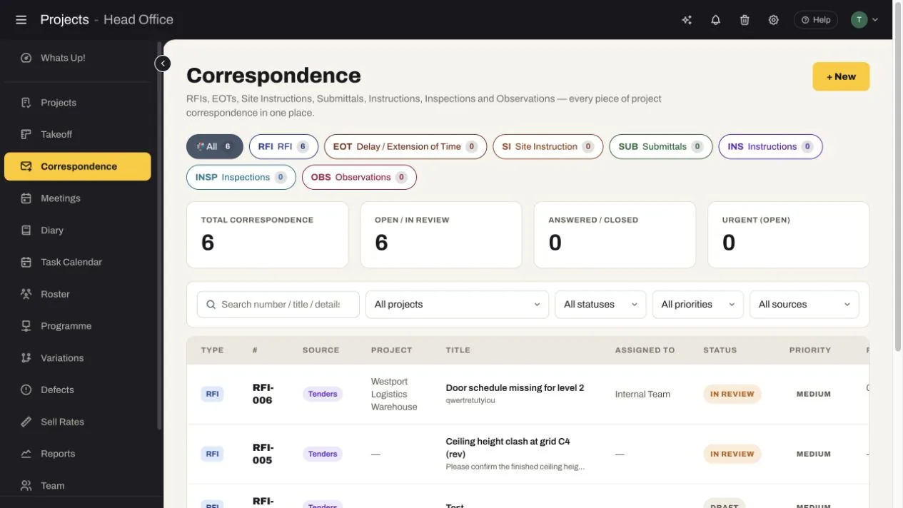 SubbieTRAC correspondence register with RFIs, EOTs, site instructions, submittals, instructions, inspections and observations