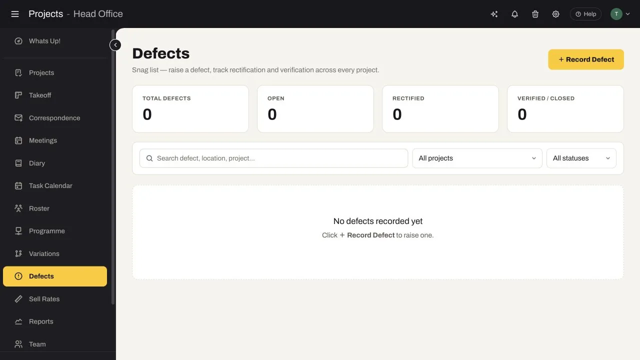 SubbieTRAC defect register showing total, open, rectified and verified or closed defect stages with project and status filters