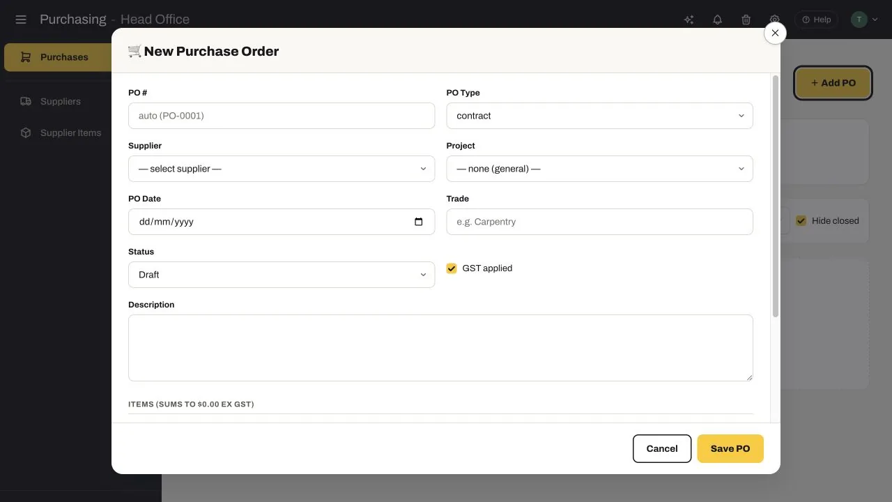 SubbieTRAC new purchase order form showing PO number, type, supplier, project, date, trade, status, GST, description and line items