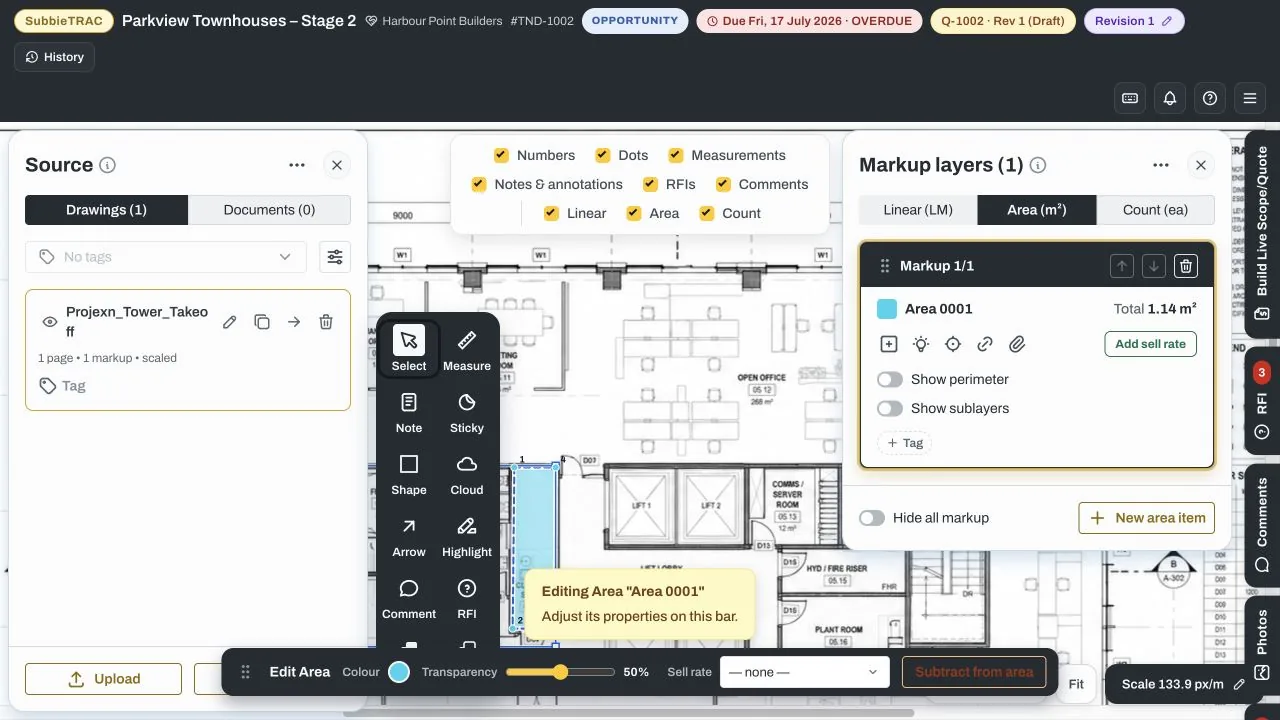 SubbieTRAC Takeoff workspace showing a calibrated PDF drawing, area measurement, markup layer total, drawing tools and sell-rate link