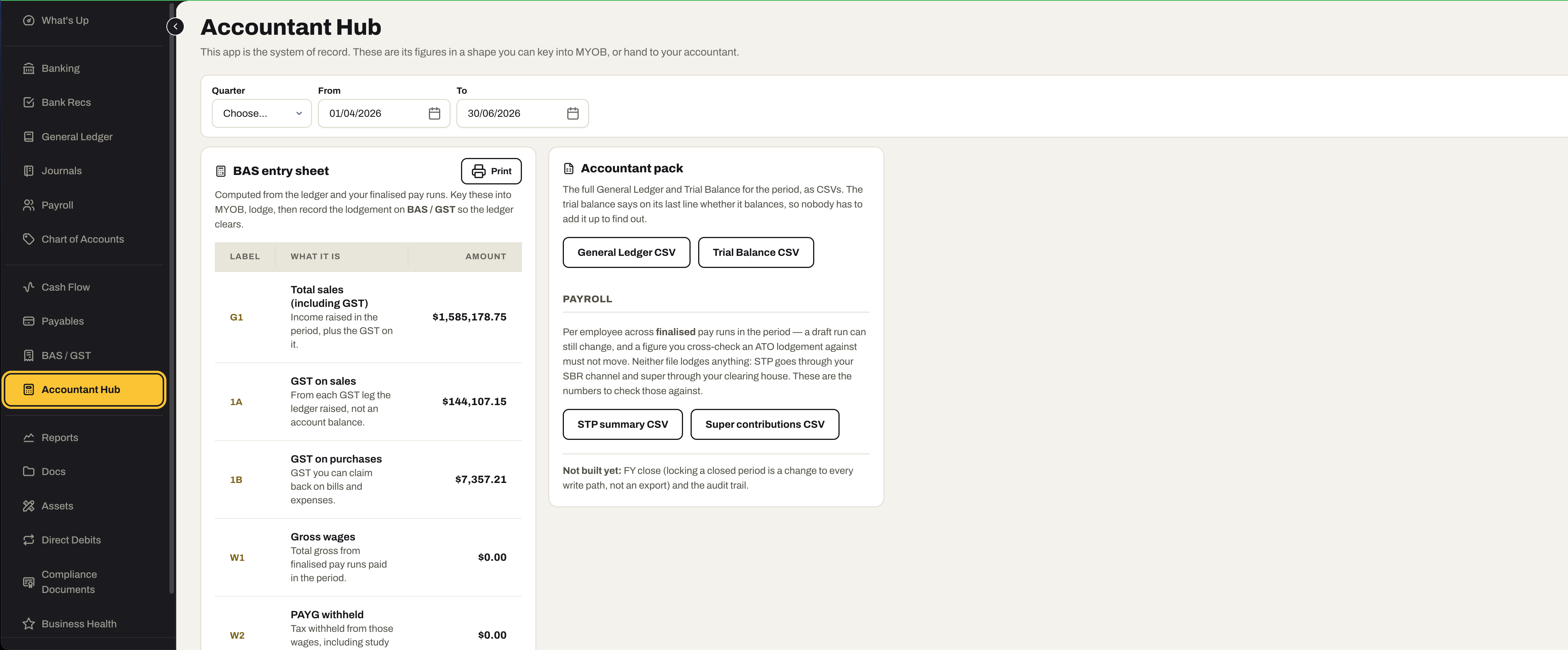 The Accountant Hub: a quarter and date range, a BAS entry sheet listing each label — total sales, GST on sales, GST on purchases, gross wages, PAYG withheld — with what it is and the amount, and an accountant pack with General Ledger CSV, Trial Balance CSV, STP summary CSV and Super contributions CSV buttons.