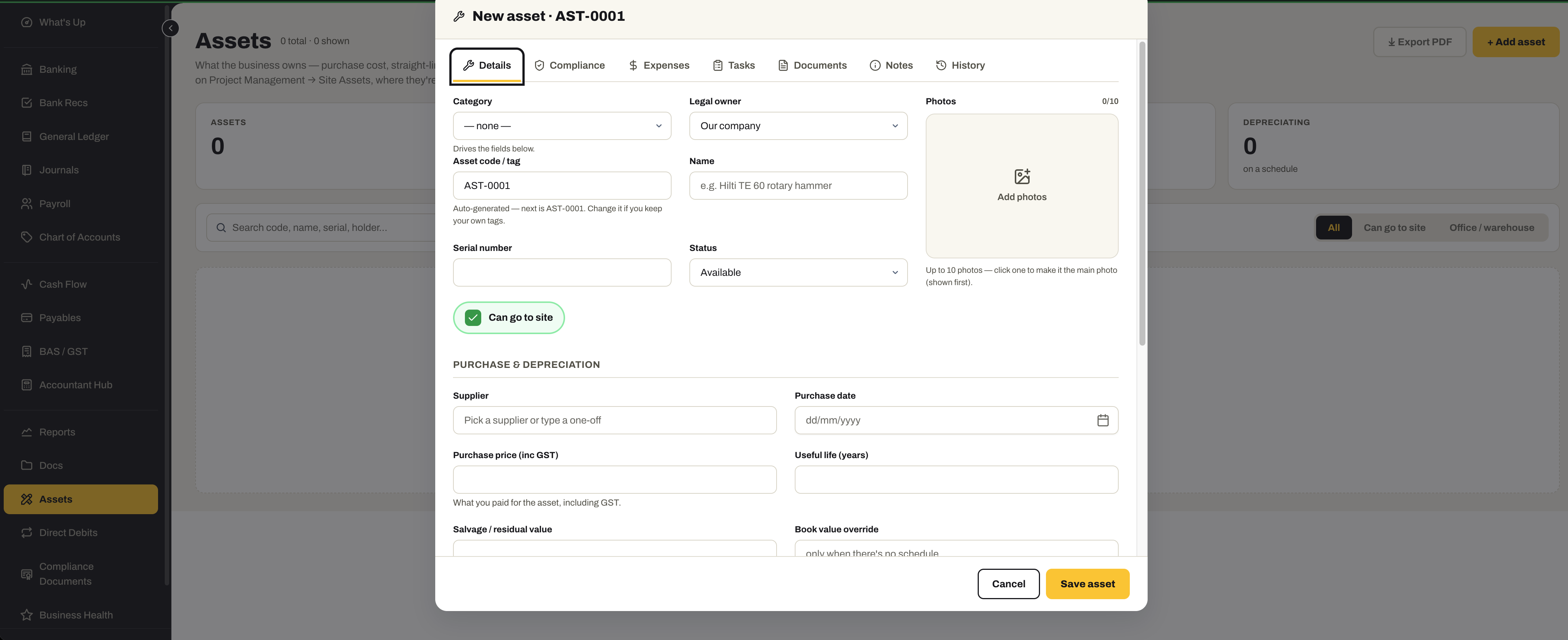 The New asset form: category, asset code, name, serial number, status and “Can go to site”, with purchase and depreciation — supplier, purchase date, price including GST, useful life, salvage value — and tabs for compliance, expenses, tasks, documents, notes and history.