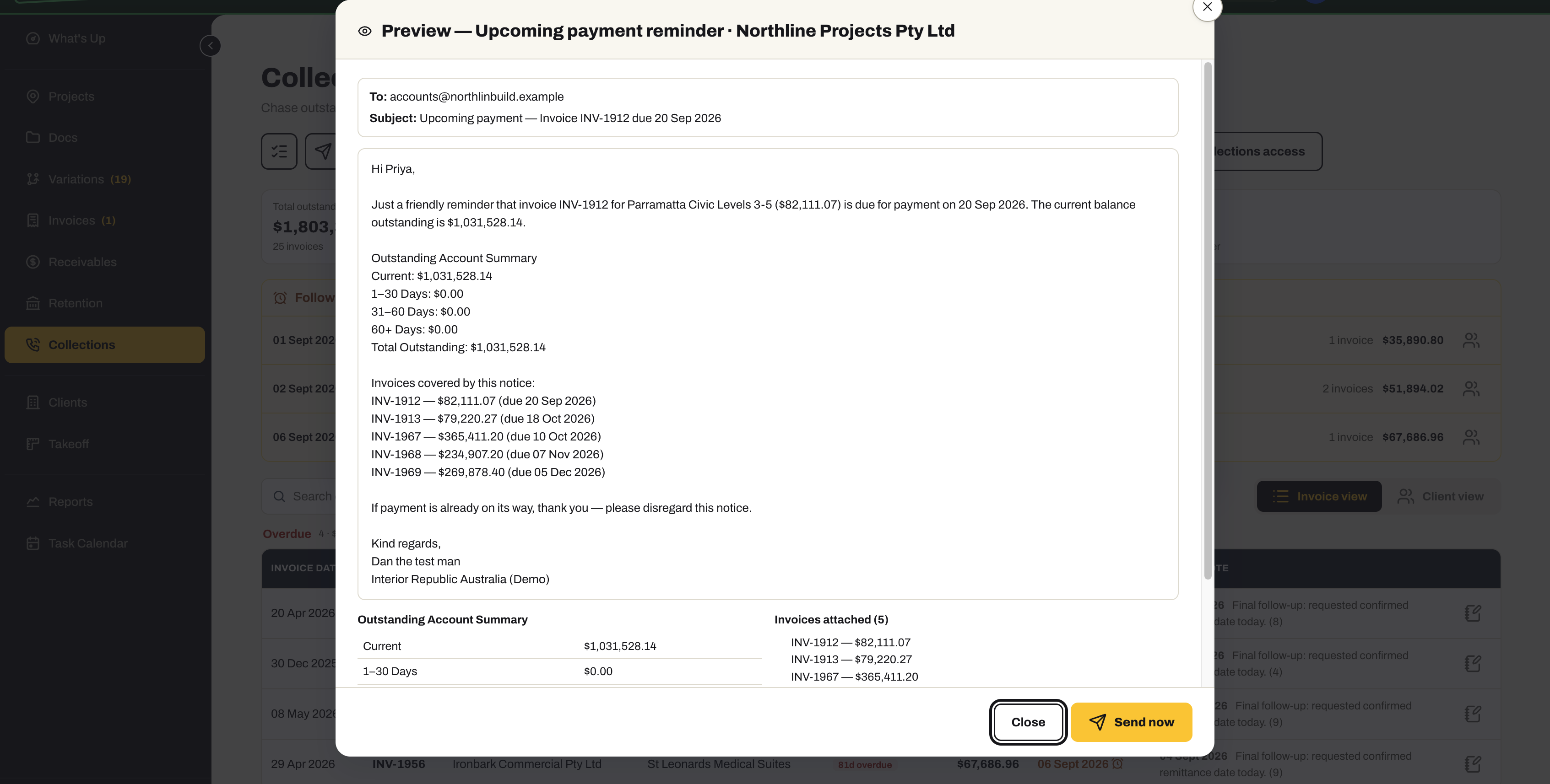 A preview of an automatic upcoming-payment reminder email to a client: the invoice due, the outstanding account summary aged into current, 1–30, 31–60 and 60+ days, and the five invoices covered by the notice, with a Send now button.