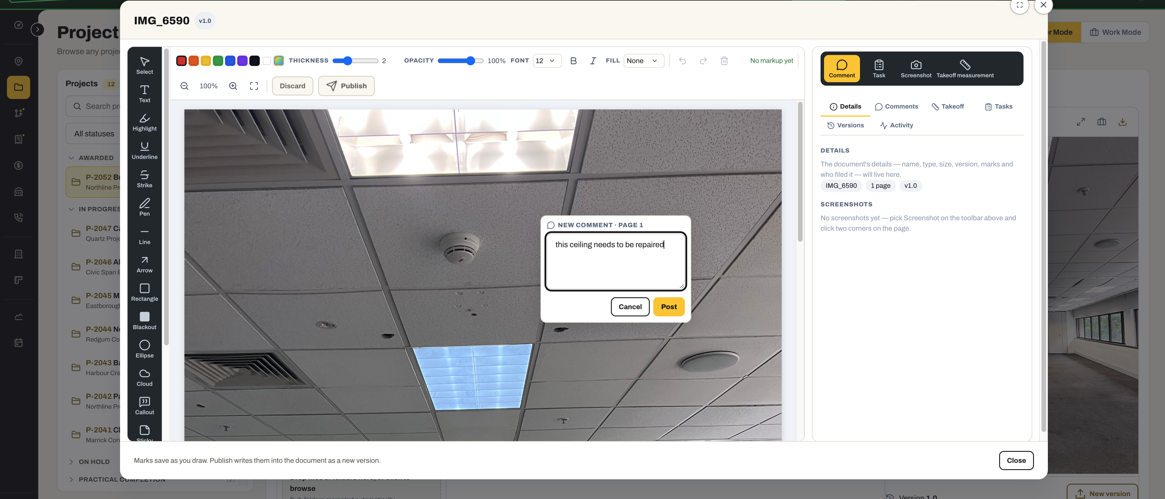 A site photo open in Work Mode: the markup toolbar down the left, a comment being posted on the ceiling, and the Comment, Task, Screenshot and Takeoff measurement tabs on the right — marks save as you draw and publish as a new version.