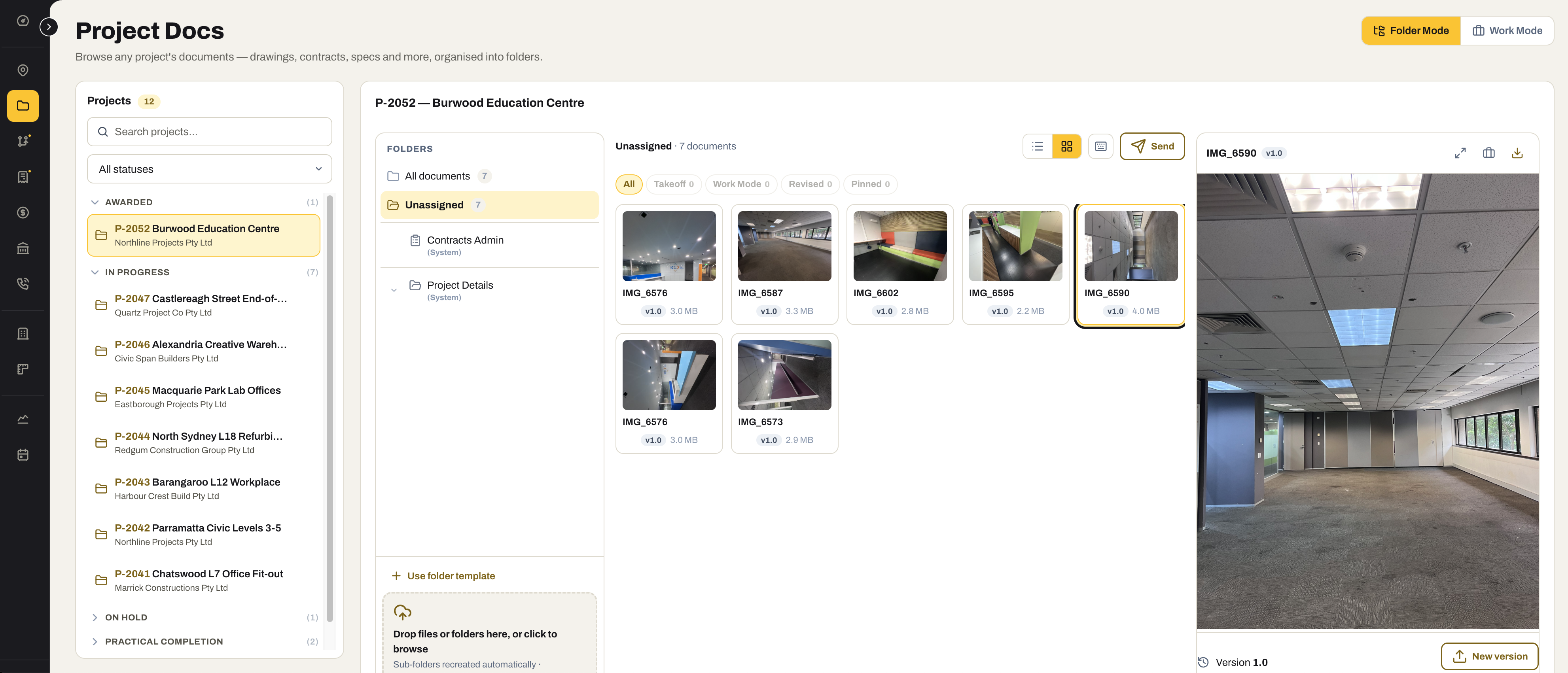 Project Docs: projects grouped by status down the left, a project’s folders and a grid of site-photo thumbnails with their version and size in the middle, and one photo open in the preview pane on the right with a New version button.