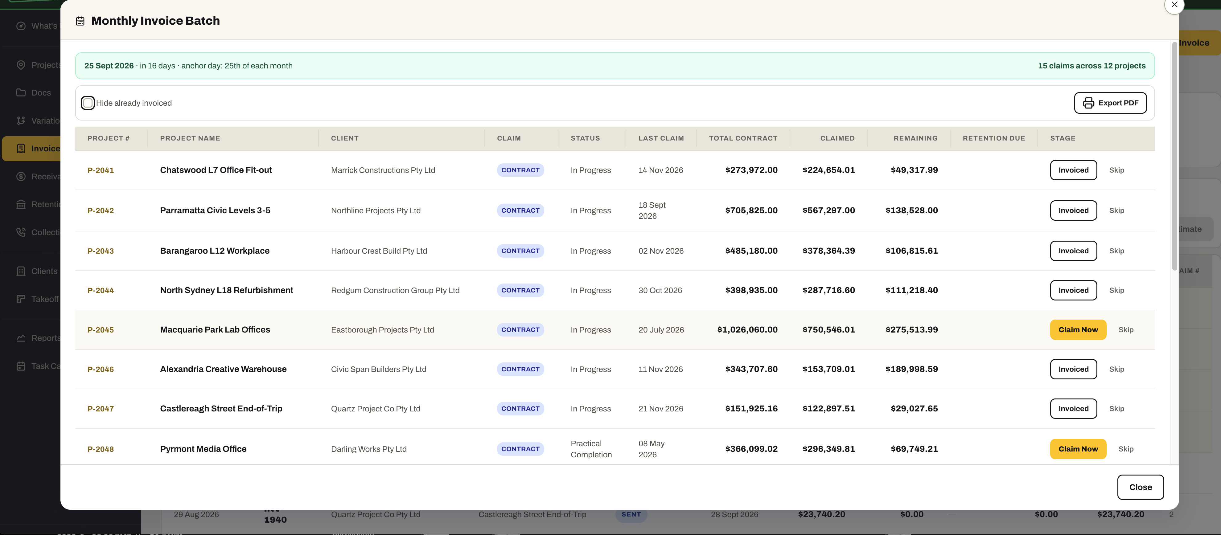 The Monthly Invoice Batch: the anchor day, then every project with its client, claim type, status, last claim, total contract, claimed, remaining and retention due, each with a Claim Now or Invoiced button and a Skip.