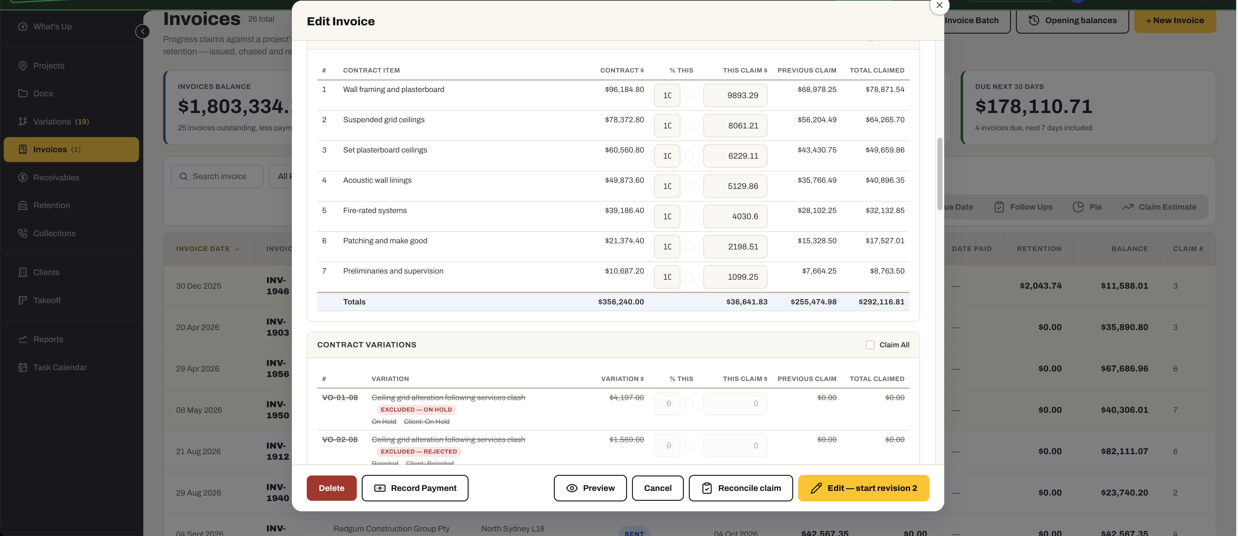 The Edit Invoice form for a progress claim: each contract item with its contract value, percentage this claim, this claim, previous claims and total claimed, a Contract Variations section with Claim All, and Record Payment, Preview, Reconcile claim and Edit — start revision 2 actions.