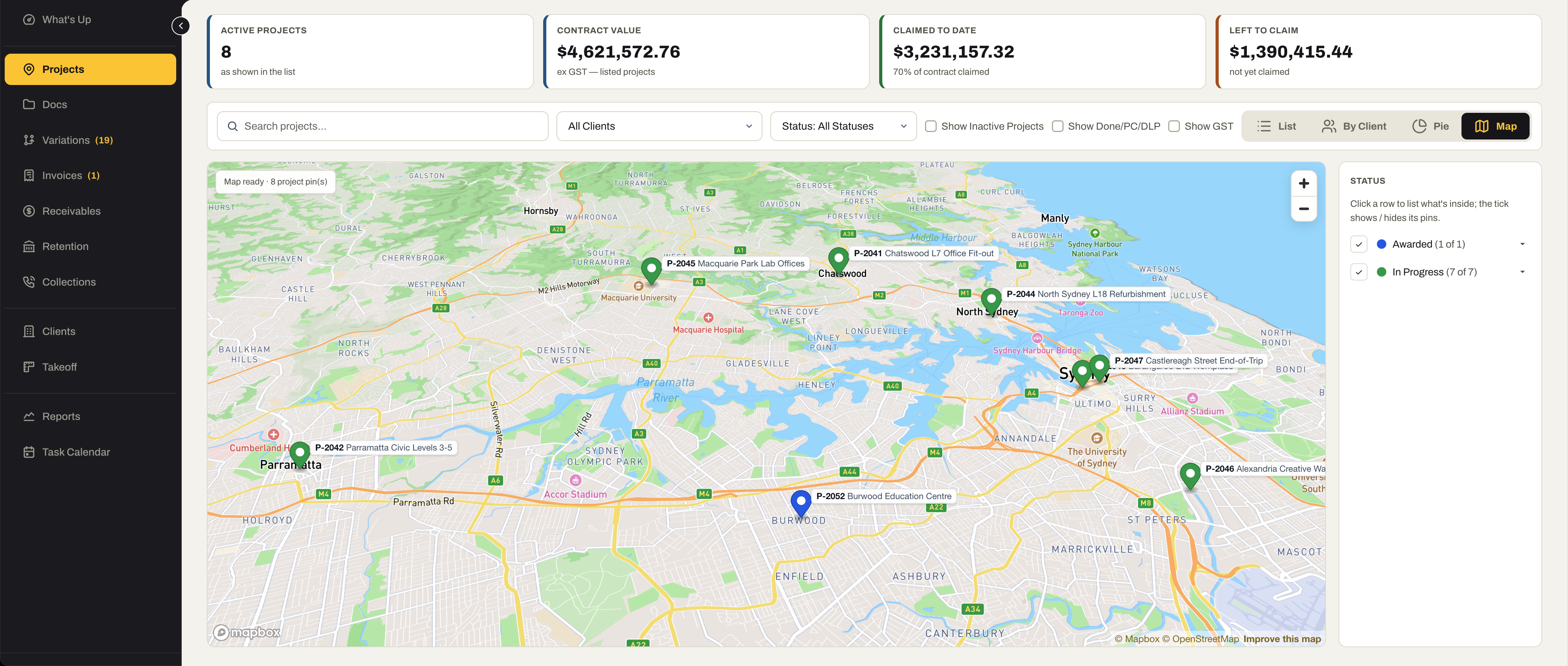 The Projects register as a map: every live project pinned across Sydney, colour-coded by status, with a status key to show or hide each group.