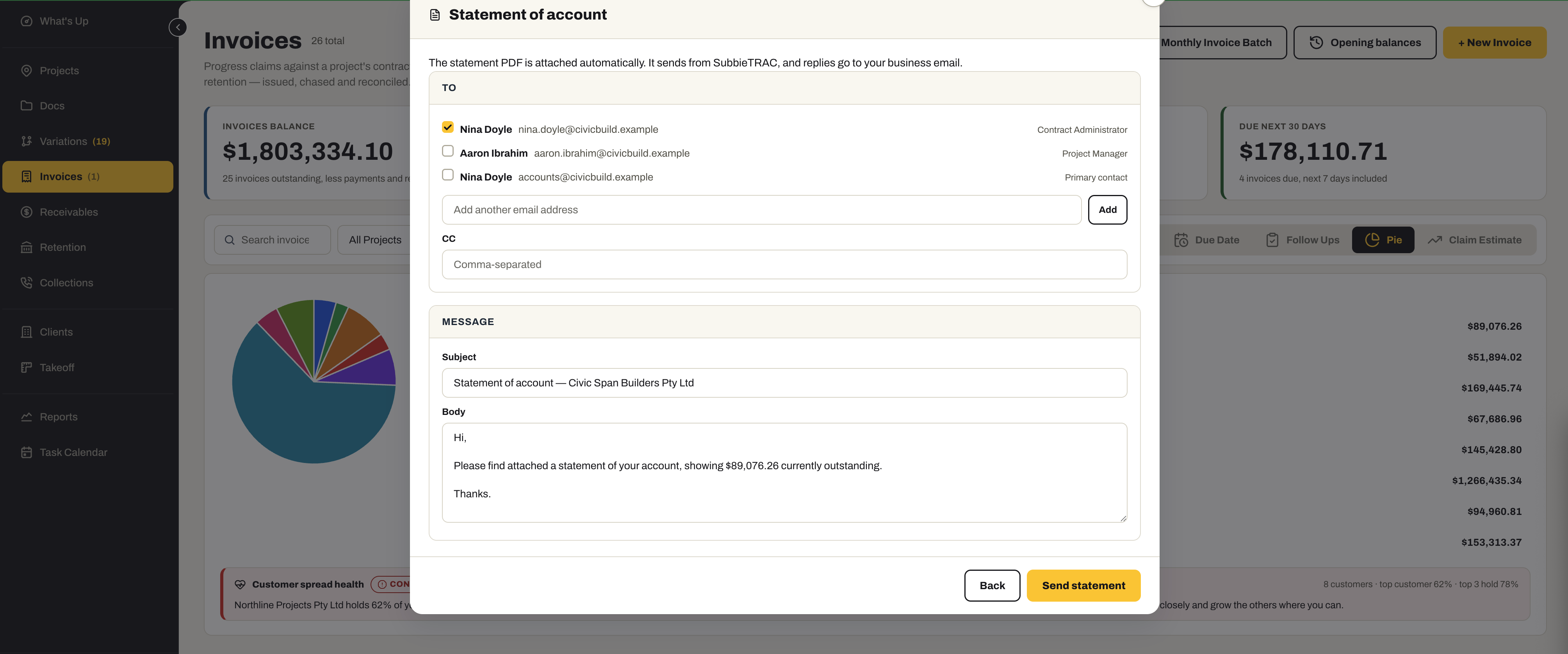 Sending the statement by email: the client’s contacts listed with their roles and one ticked, a CC field, a prefilled subject and body, a note that the PDF is attached automatically and replies go to your business email, and a Send statement button.