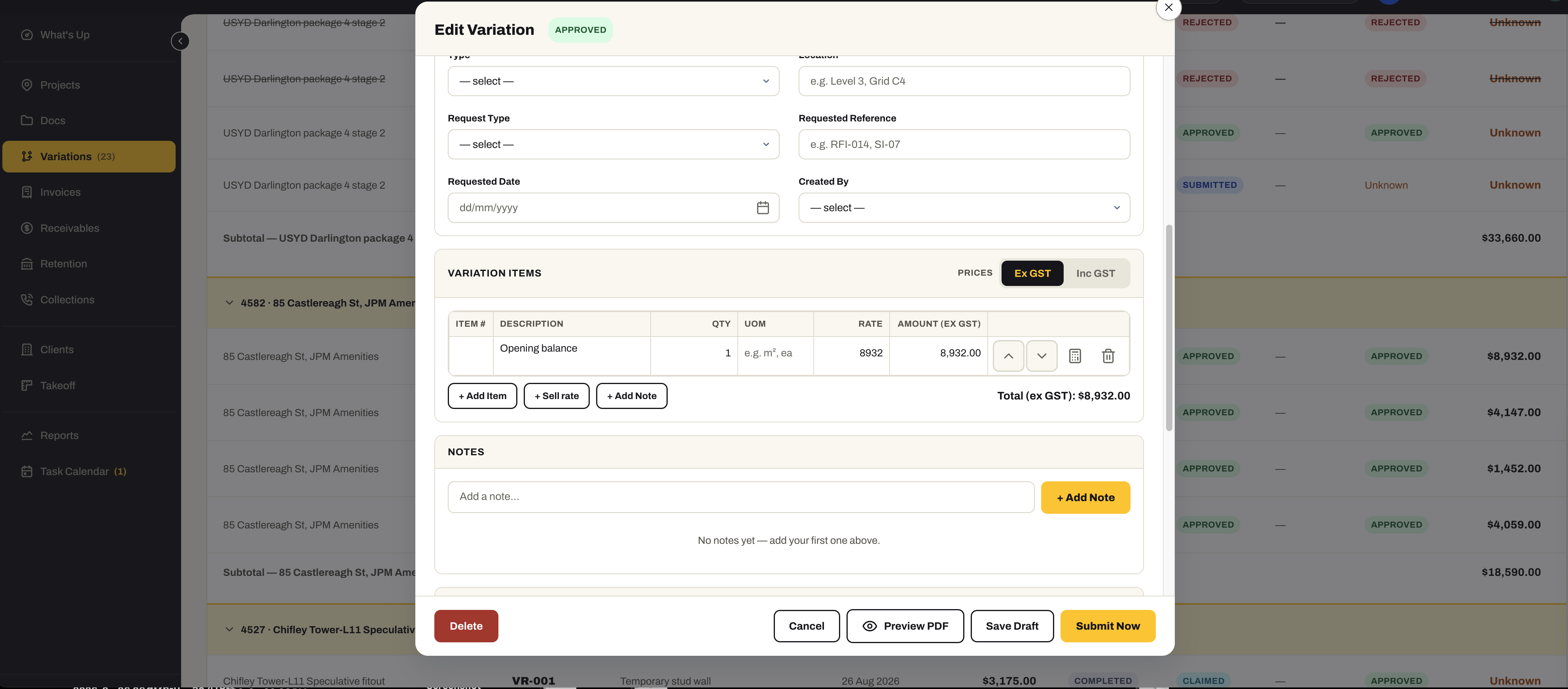 The Edit Variation form: type, location, request type, requested reference and date, variation items with quantity, unit, rate and amount, Add Item and Add Sell rate, notes, and Save Draft or Submit Now.