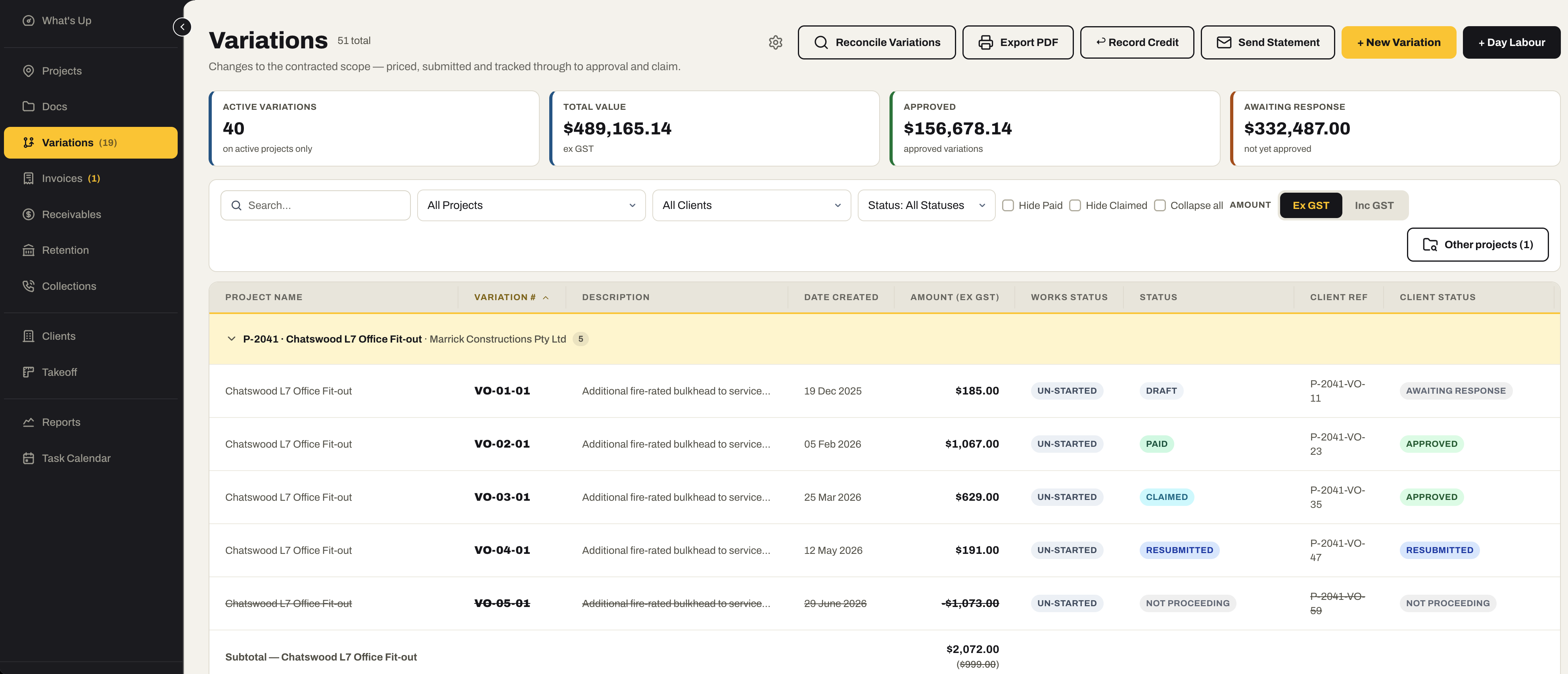 The Variations register grouped by project: active variations, total value, approved and awaiting response above, and each variation’s description, date, amount, works status, status, client reference and client status — one struck through as not proceeding.