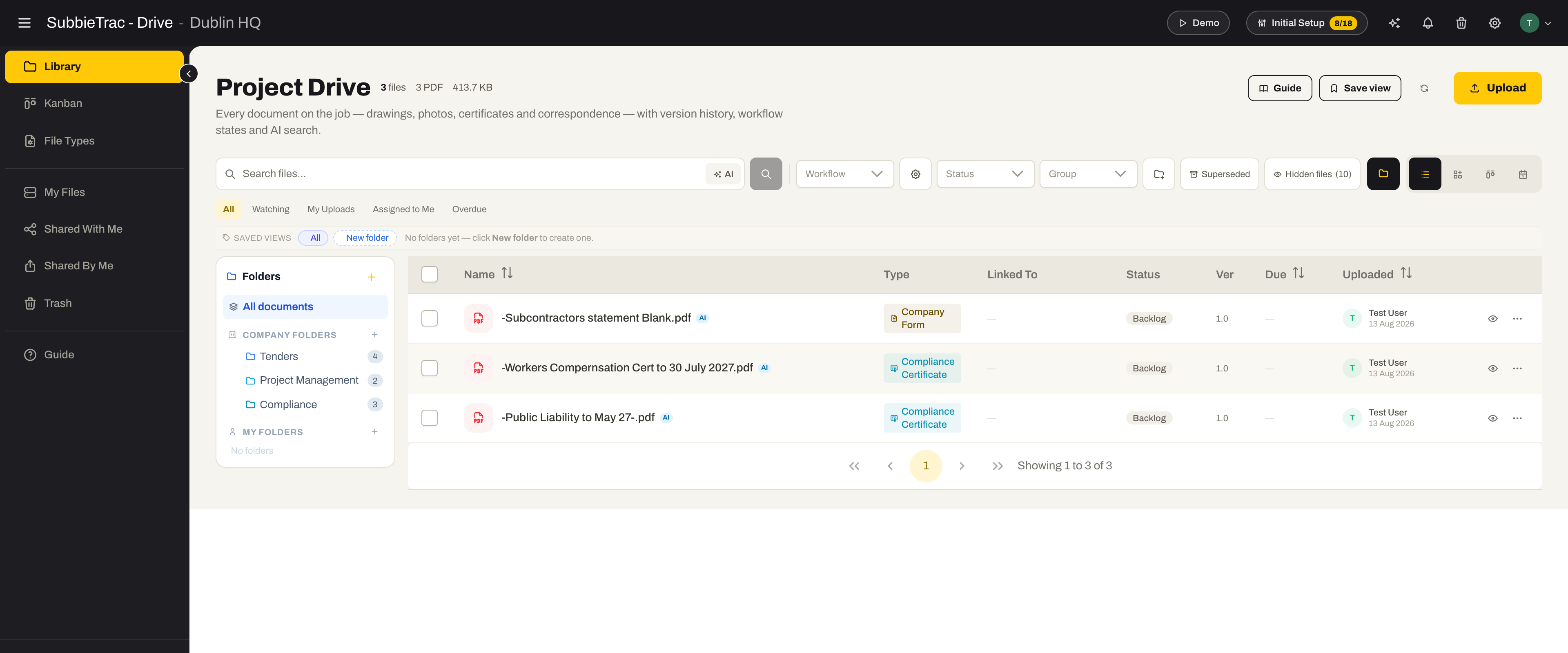Project Drive: company folders for Tenders, Project Management and Compliance, with compliance certificates and a company form listed by type, workflow status and version.