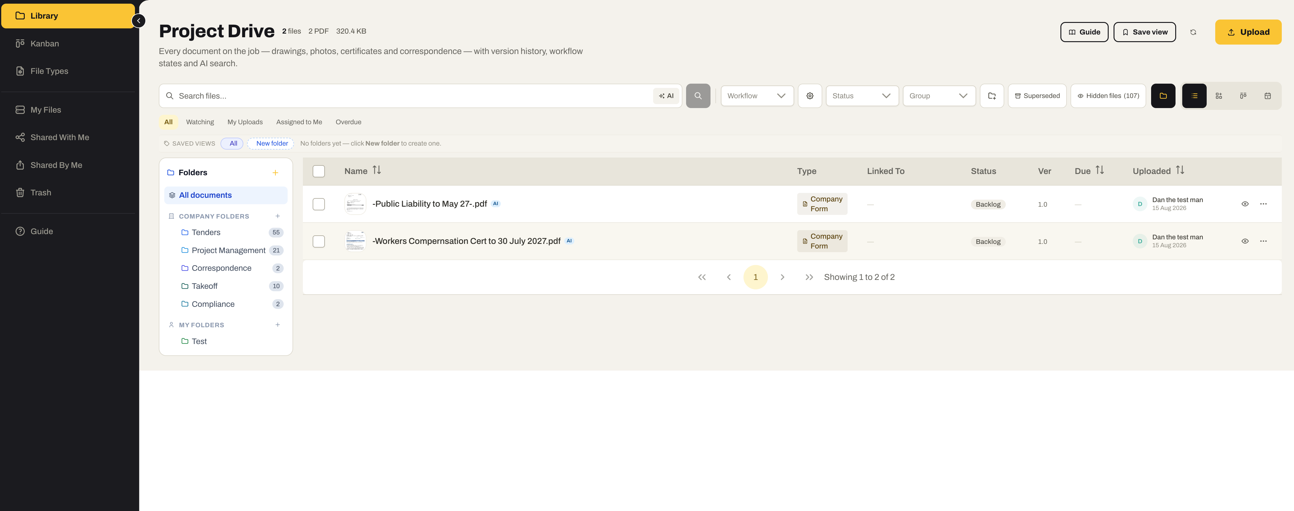 Project Drive: company folders for Tenders (55), Project Management (21), Correspondence, Takeoff and Compliance with counts, plus your own folders; filters for workflow, status and group, superseded and hidden files, Watching, My Uploads, Assigned to Me and Overdue views, an AI search toggle, saved views, and two compliance certificates listed with their type, status, version and uploader.