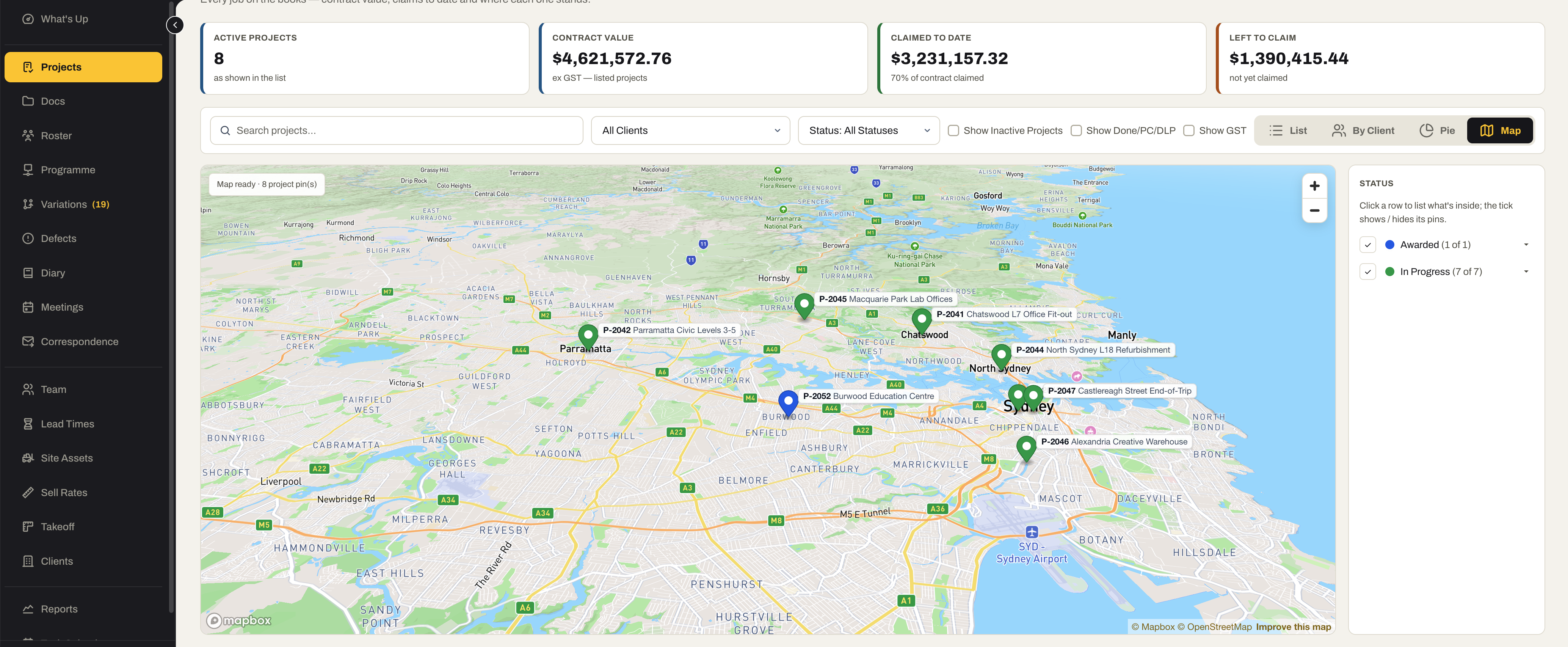 The Projects register as a map: every live project pinned across Sydney, colour-coded by status, with a status key to show or hide each group.