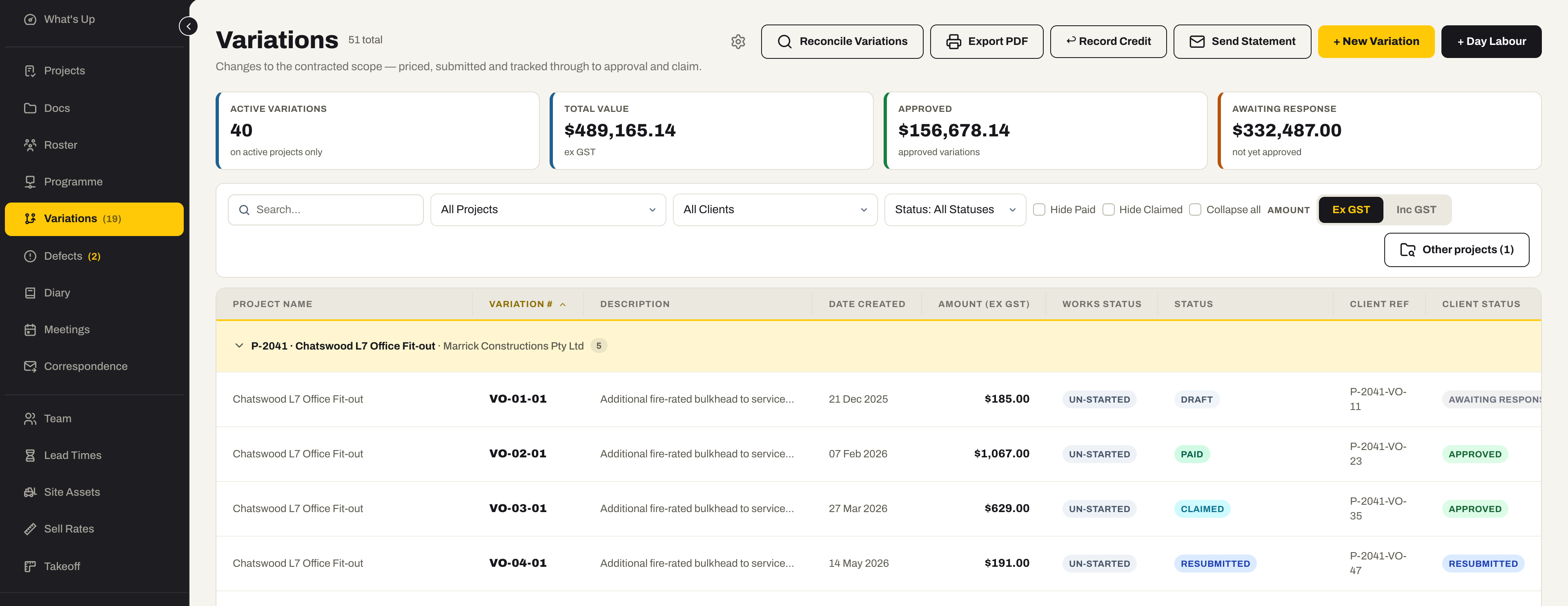 The Variations register grouped by project: active variations, total value, approved and awaiting response above, and each variation’s description, date, amount, works status, status and client status.