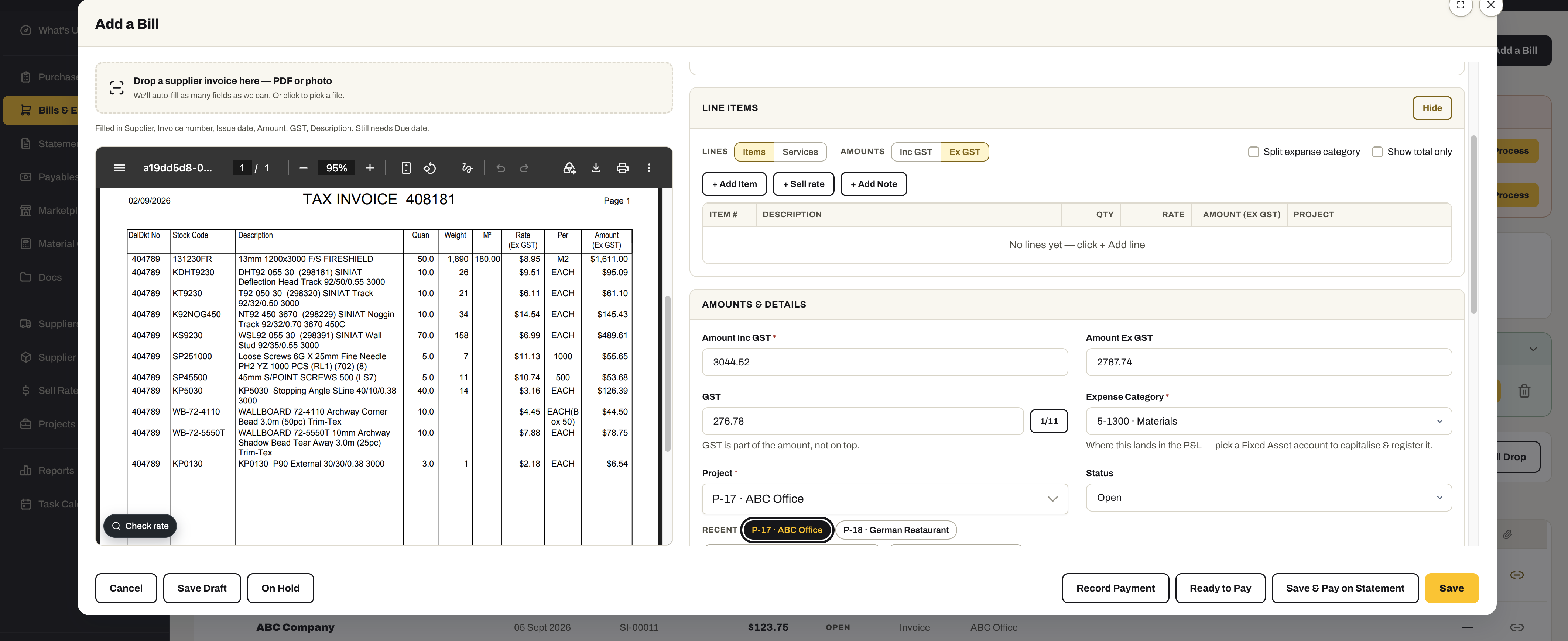 The Add a Bill form with a supplier’s tax invoice open on the left and the bill on the right, its amount, GST, category and project already filled from the invoice.
