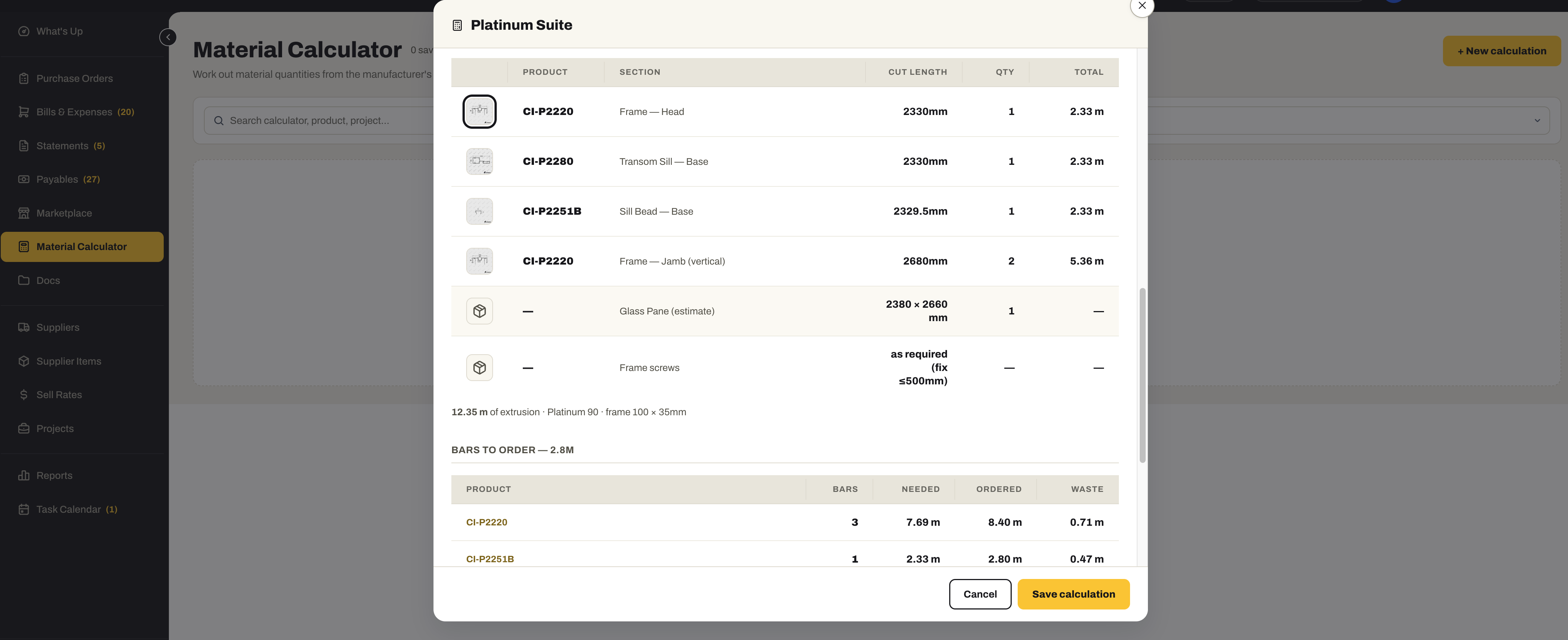The Material Calculator with a Platinum Suite calculation open: each product and section with its cut length, quantity and total metres, then the bars to order — bars, needed, ordered and waste per product — and a Save calculation button.