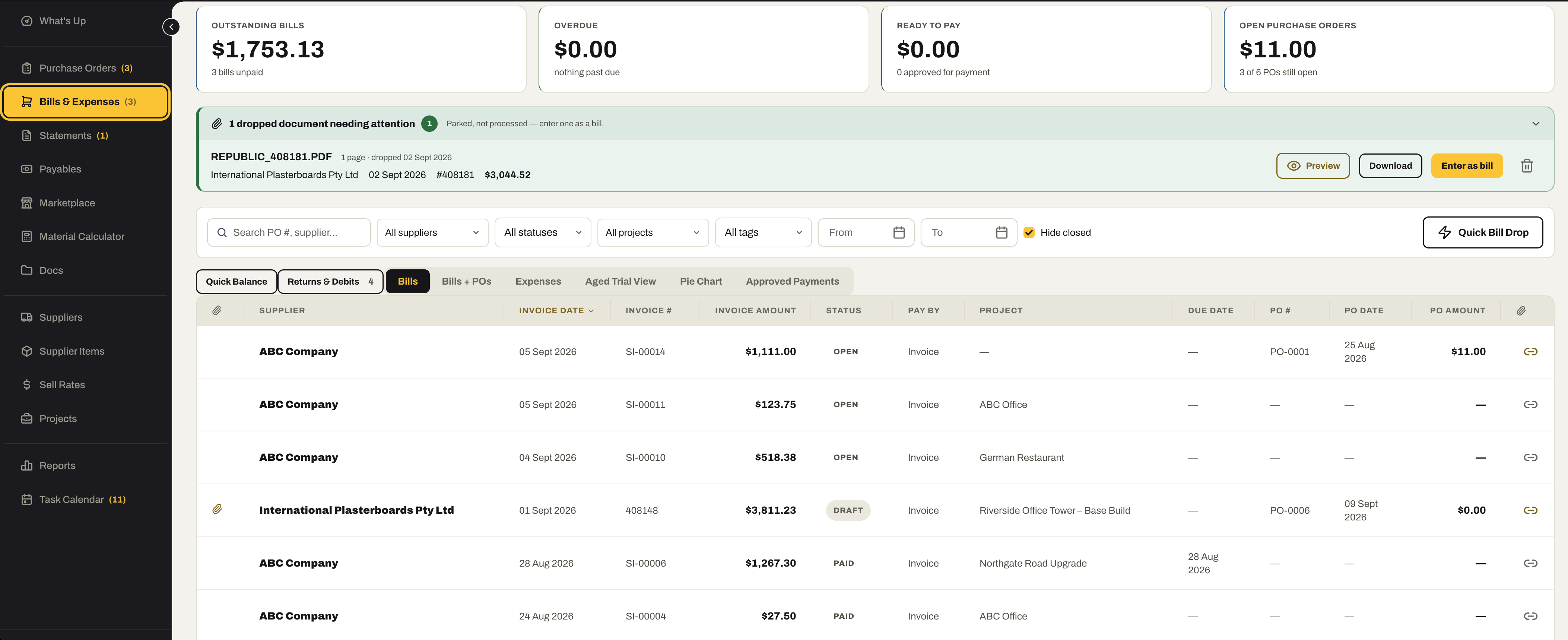 The Bills & Expenses register: outstanding bills, overdue, ready to pay and open purchase orders above; a dropped supplier invoice parked and waiting to be entered as a bill; then each bill with its supplier, invoice date and number, amount, status, how it is paid, project, due date and the purchase order it is billed against, with a Quick Bill Drop button.