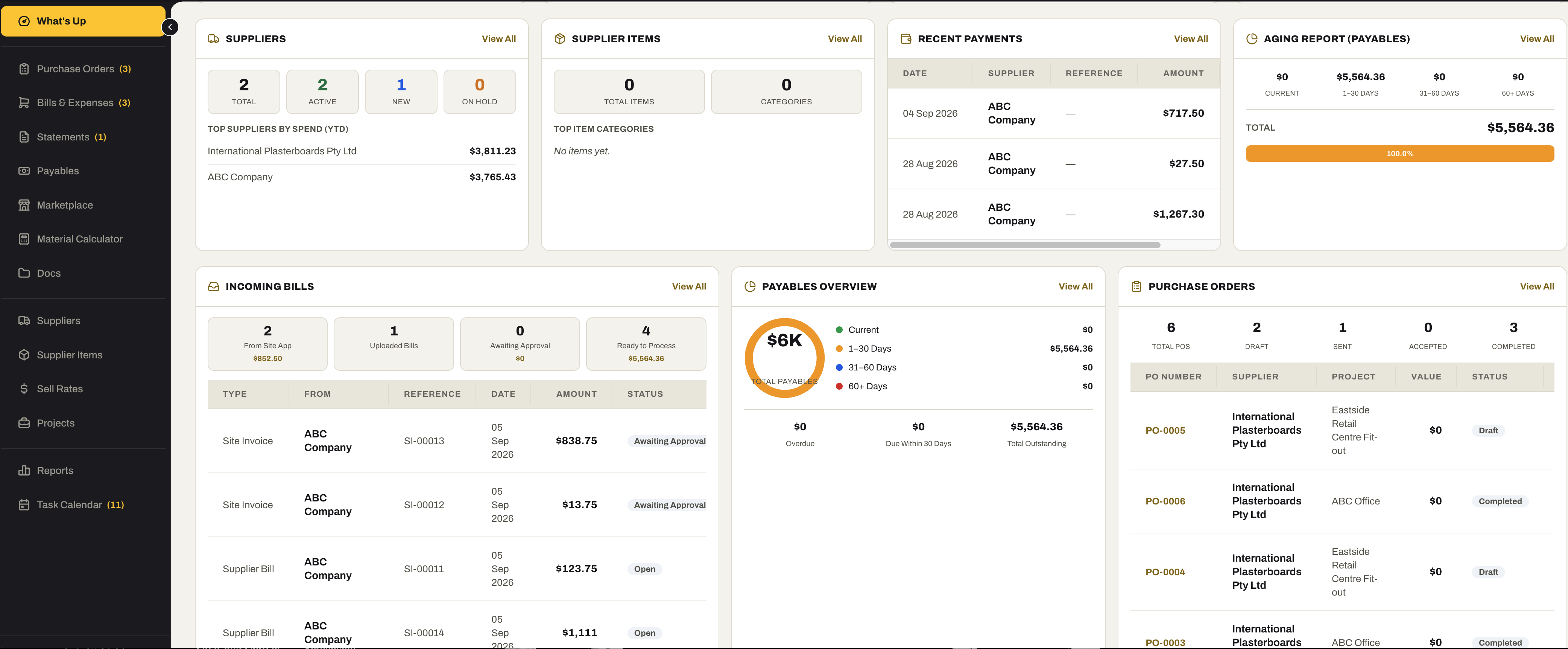 The Purchasing What's Up dashboard: suppliers, supplier items, recent payments and the payables aging report across the top, then incoming bills with their status, a payables overview aged by days, and the latest purchase orders with supplier, project, value and status.
