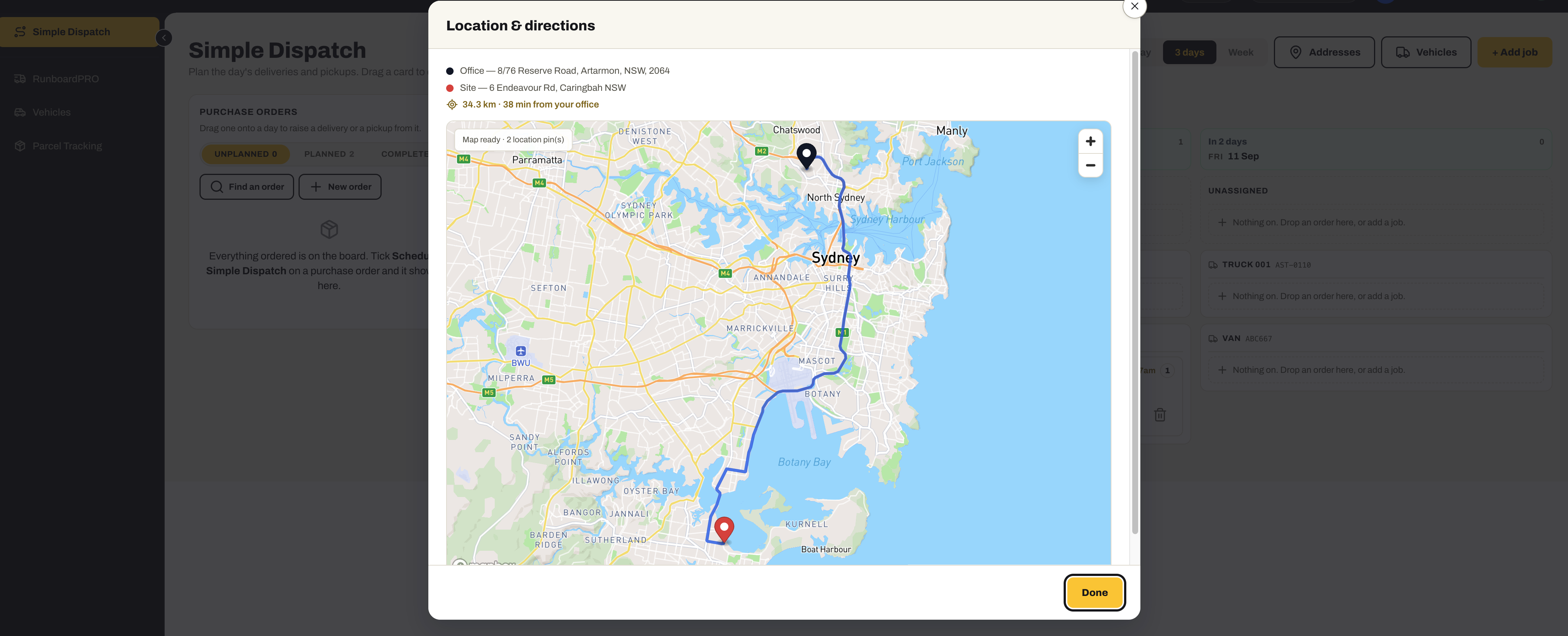 The Location & directions dialog: the office and the site as two pins on a map of Sydney with the driving route drawn between them, and the distance and time — 34.3 km, 38 minutes from your office.