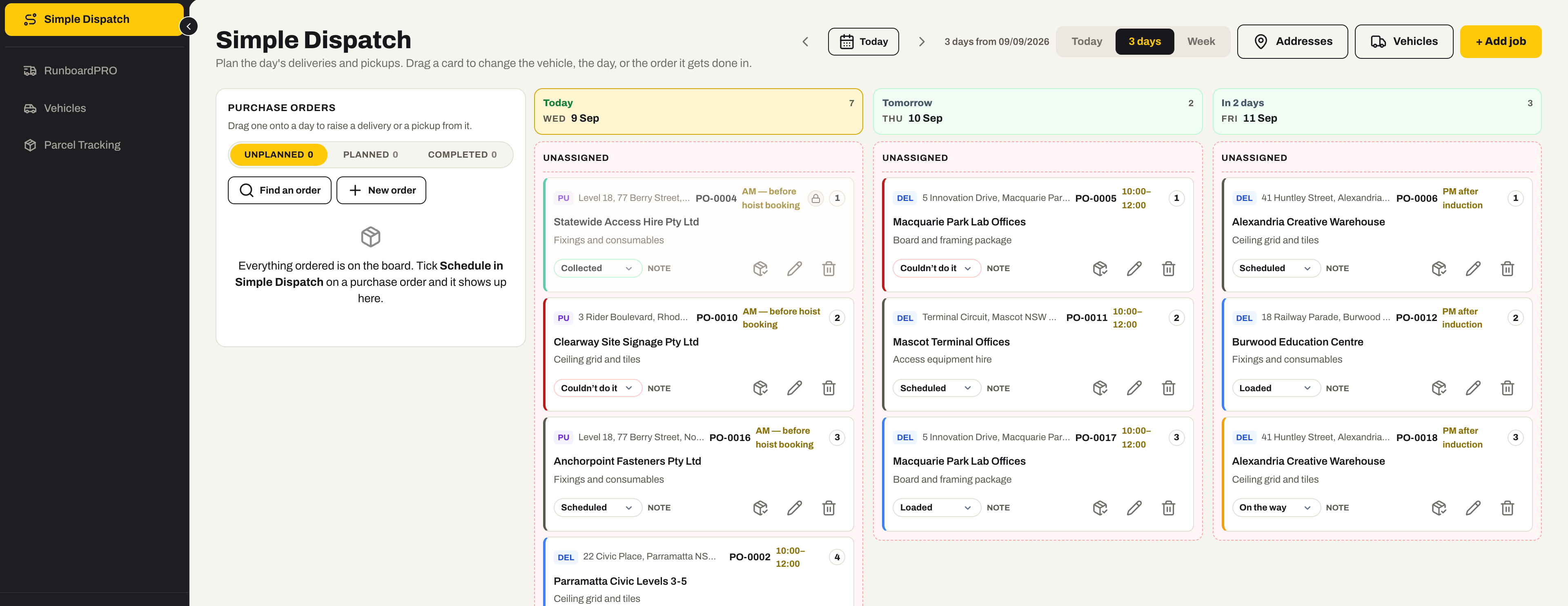 The Simple Dispatch board: a Purchase Orders rail, then day columns of delivery and pickup cards with their purchase order number, address, time window and status.