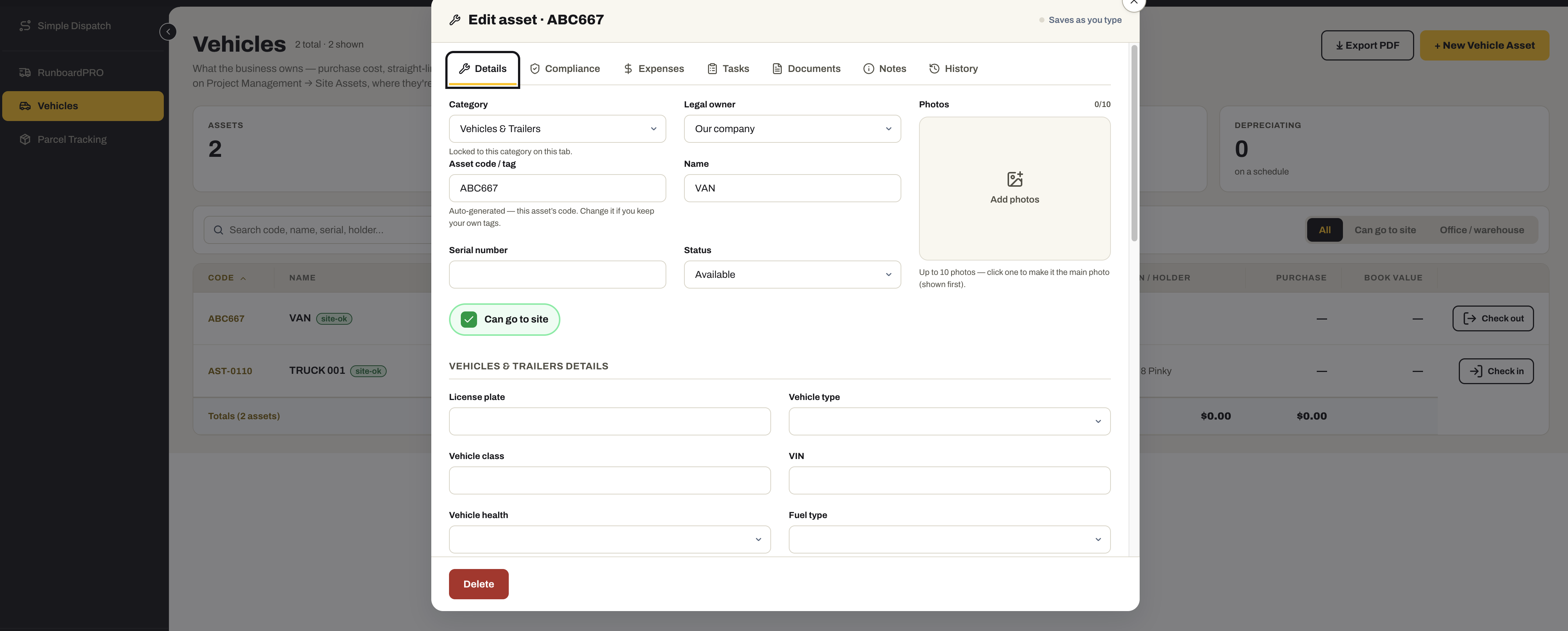 The Edit asset form for a van: category Vehicles & Trailers, asset code, name, serial number, status and “Can go to site”, then licence plate, vehicle type, vehicle class, VIN, vehicle health and fuel type, with Compliance, Expenses, Tasks, Documents, Notes and History tabs — saves as you type.