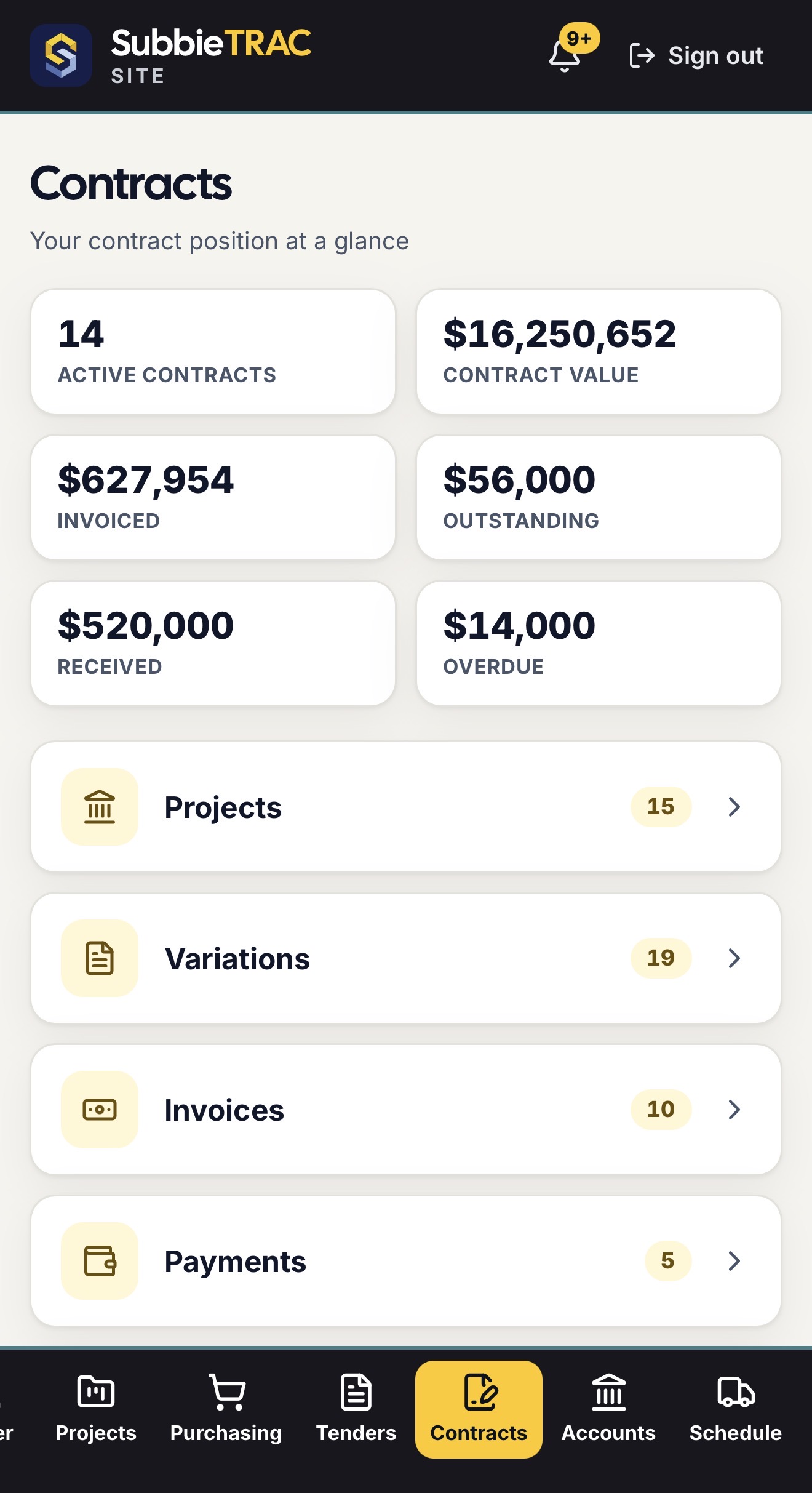 Contracts on a phone: active contracts, contract value, invoiced, outstanding, received and overdue tiles, then Projects, Variations, Invoices and Payments with their counts.