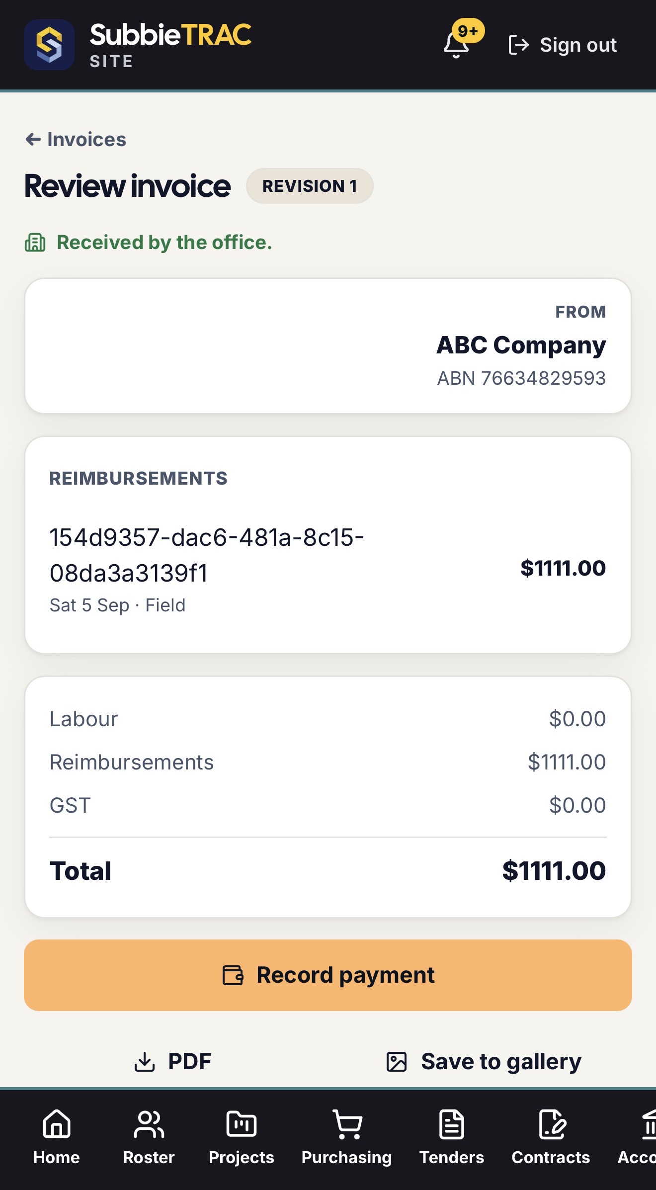 Review invoice on a phone: received by the office, the sender with their ABN, reimbursements listed, then labour, reimbursements, GST and total, with Record payment, PDF and Save to gallery.