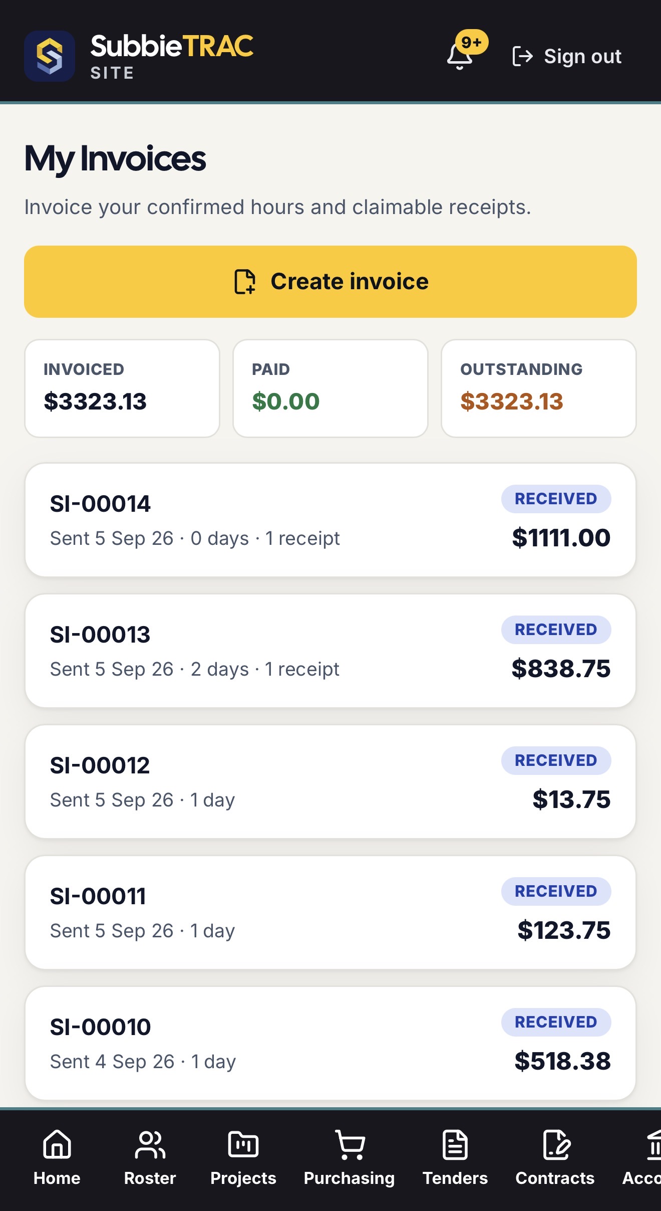 My Invoices on a phone: invoiced, paid and outstanding totals, a Create invoice button, and each invoice with its number, the date sent, days and receipts, amount and a Received badge.