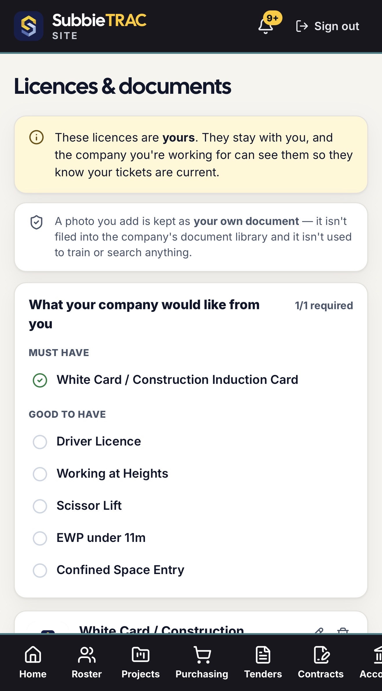 Licences & documents on a phone: two notices — the licences are yours and the company can see they are current; a photo you add is your own document — then what the company would like: a must-have White Card and good-to-have tickets such as Working at Heights and EWP under 11m.