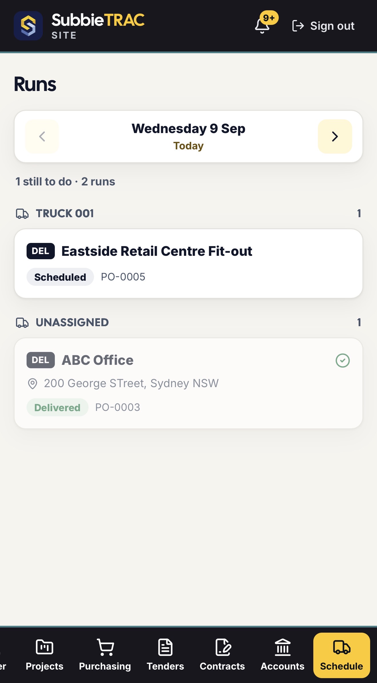 Runs on a phone: today’s deliveries by truck — one scheduled on Truck 001 with its purchase order, one unassigned and already delivered with a green tick.