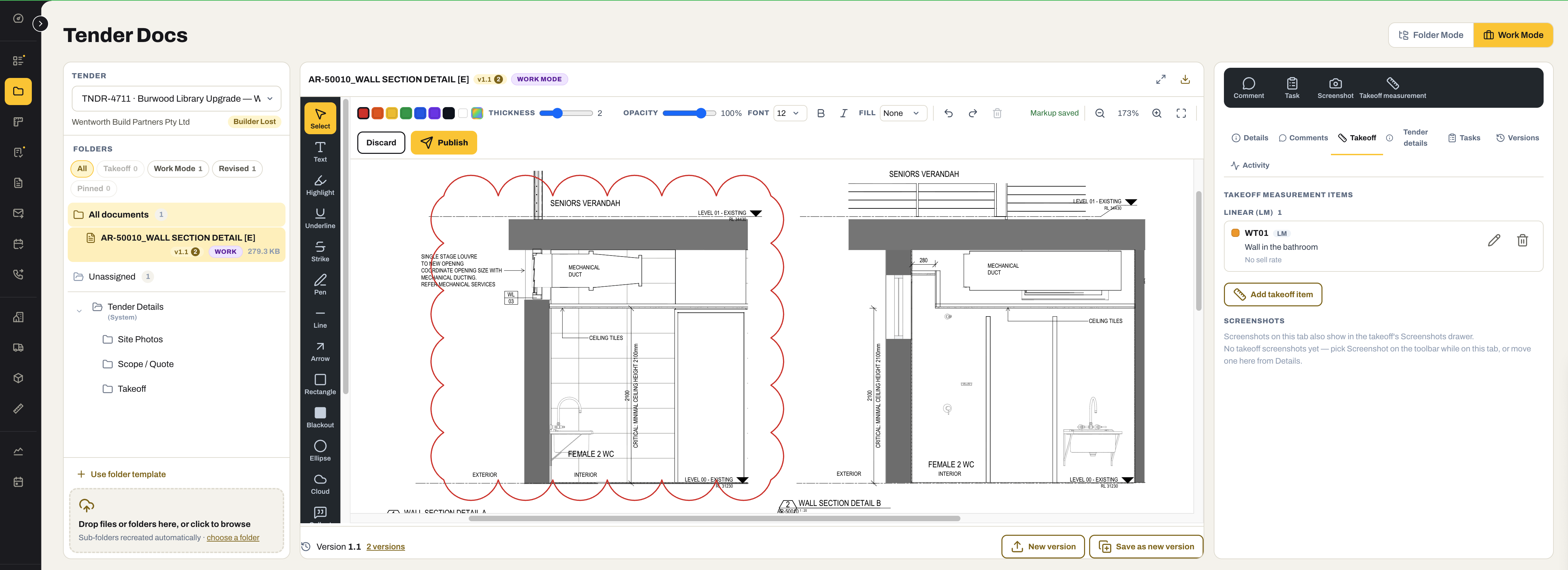 Tender Docs in Work Mode: a wall-section drawing open with a red cloud marked around a detail, the markup toolbar down the left, versions along the bottom, and a Takeoff tab on the right listing a linear measurement taken from the drawing.