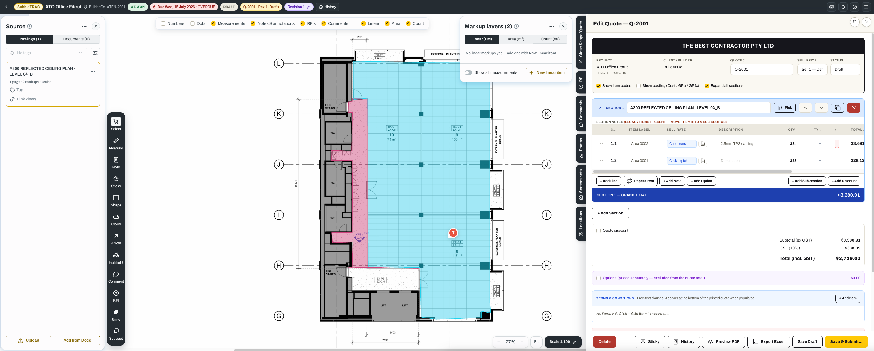 A SubbieTRAC takeoff: a scaled ceiling plan with measured areas on the left, and the Edit Quote panel on the right showing quote lines, Sell Rates, quantities and a running section total.
