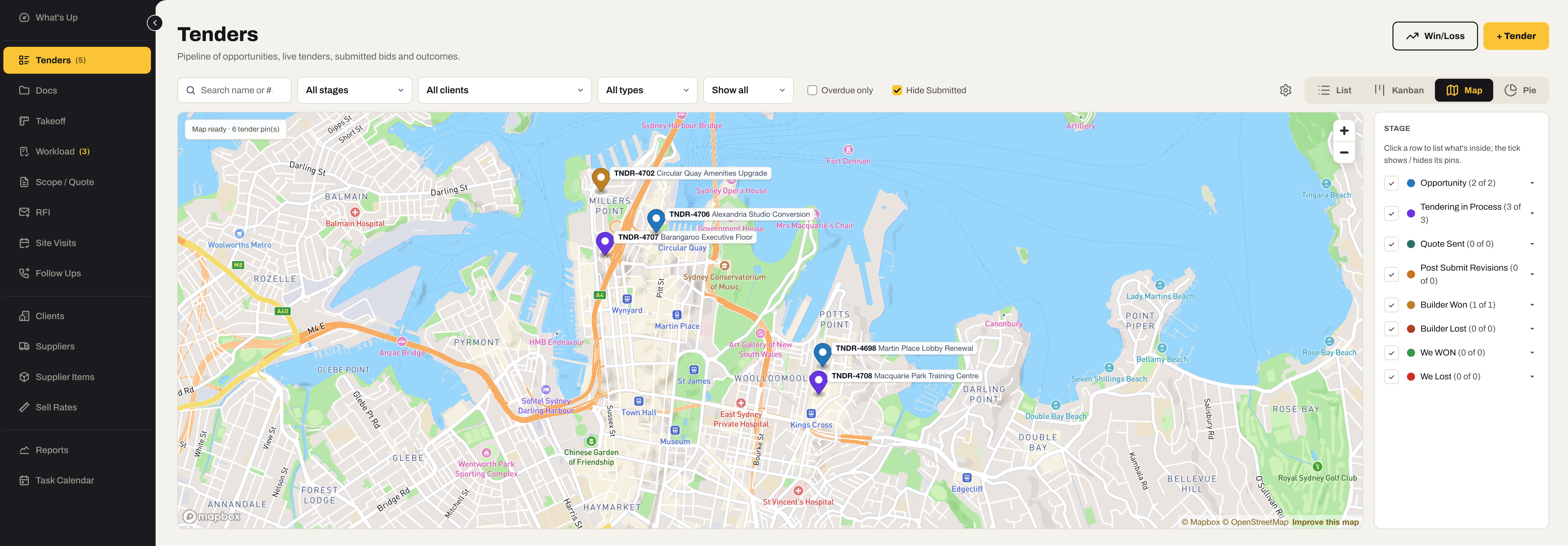 The Tenders map view: every live tender pinned on a map of Sydney, colour-coded by stage, with a stage key beside it to show or hide each group.