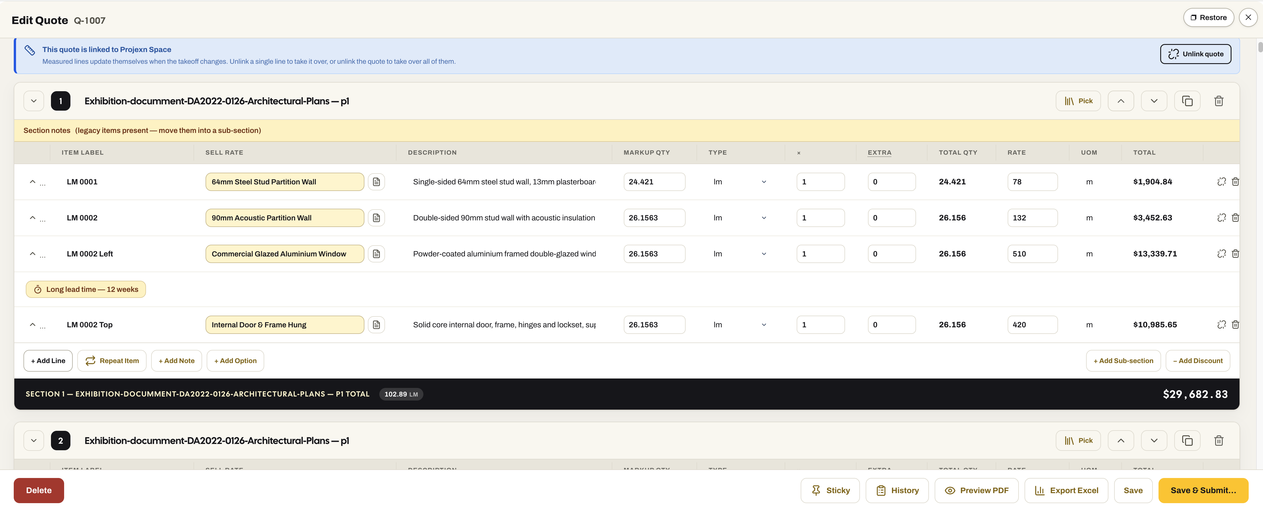 The quote in full screen: a note that the quote is linked to the takeoff and measured lines update themselves, sections per drawing, each line with item label, Sell Rate, description, measured quantity, rate and total, a long-lead-time flag, and Add Line, Repeat Item, Add Note, Add Option, Add Sub-section and Add Discount controls, with Preview PDF, Export Excel and Save & Submit.