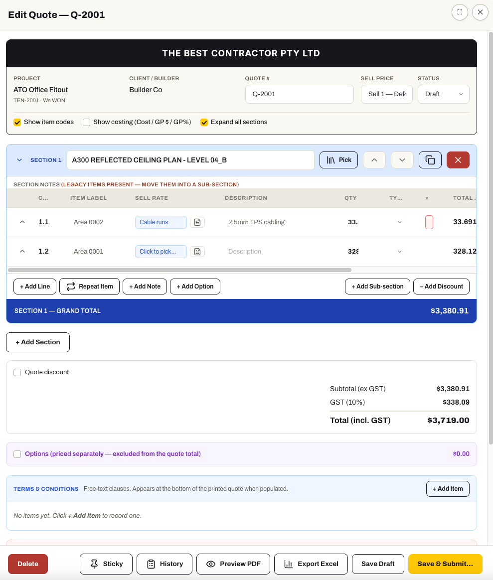 The SubbieTRAC Edit Quote panel: quote lines with Sell Rate, quantity and total, a section grand total, a quote discount, an options row excluded from the total, and a terms and conditions block.