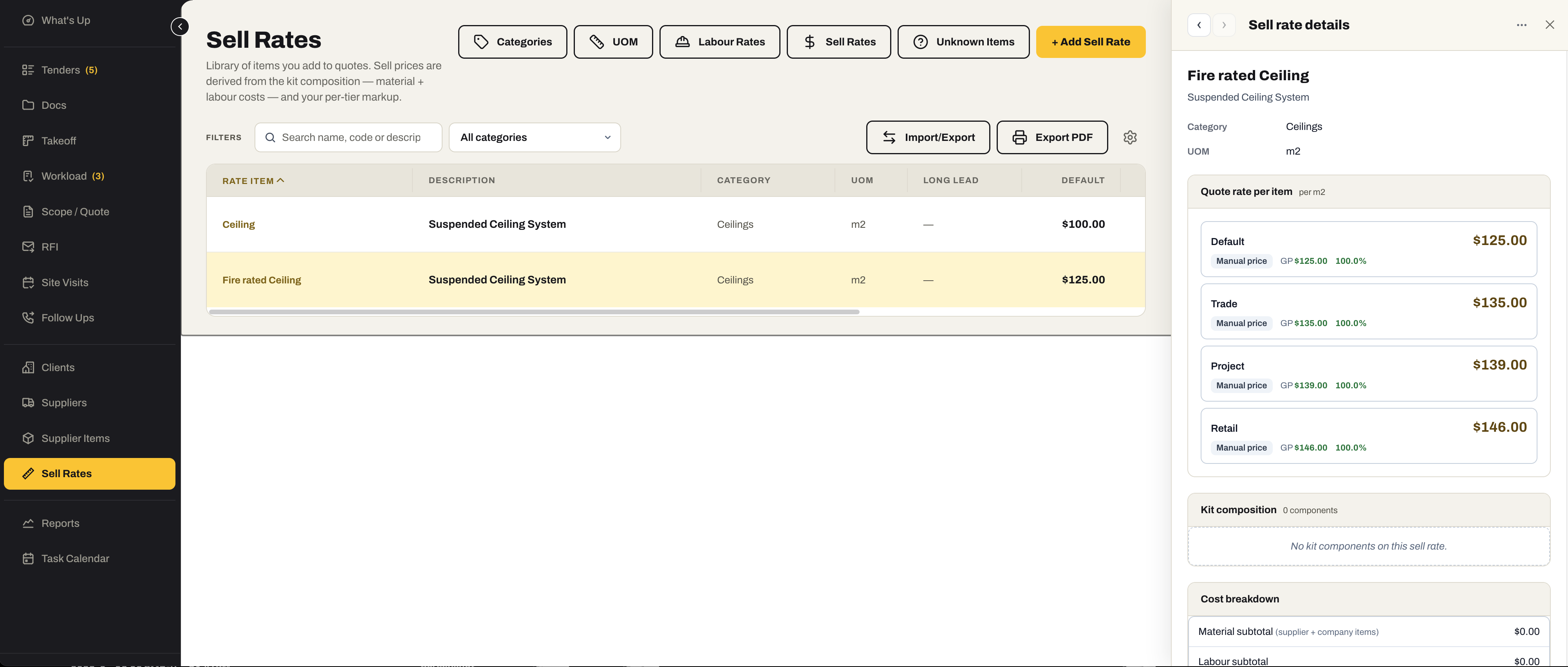 Sell Rates: the library of rate items by category and unit with a default price, and the Sell rate details drawer open on a fire-rated ceiling showing quote rates for the Default, Trade, Project and Retail tiers, kit composition and a cost breakdown.