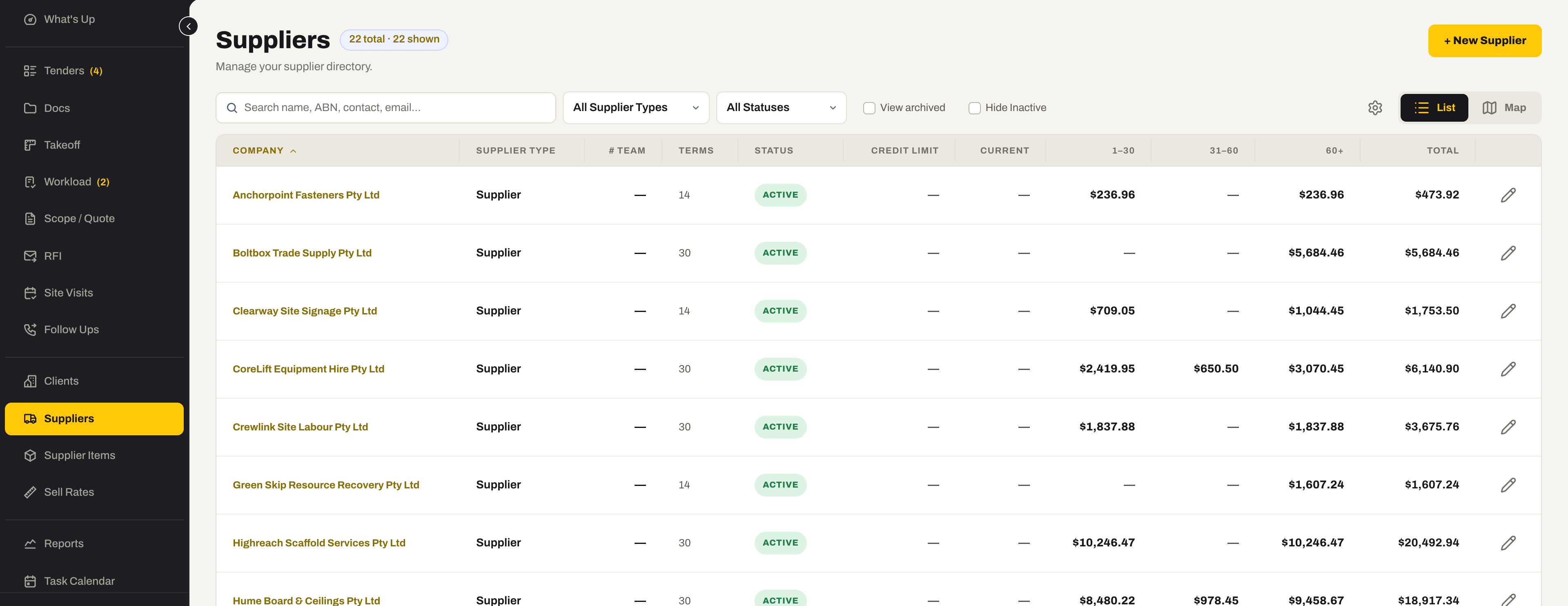 The Suppliers register: supplier companies with team count, phone, terms, status and credit limit, with List and Map views.