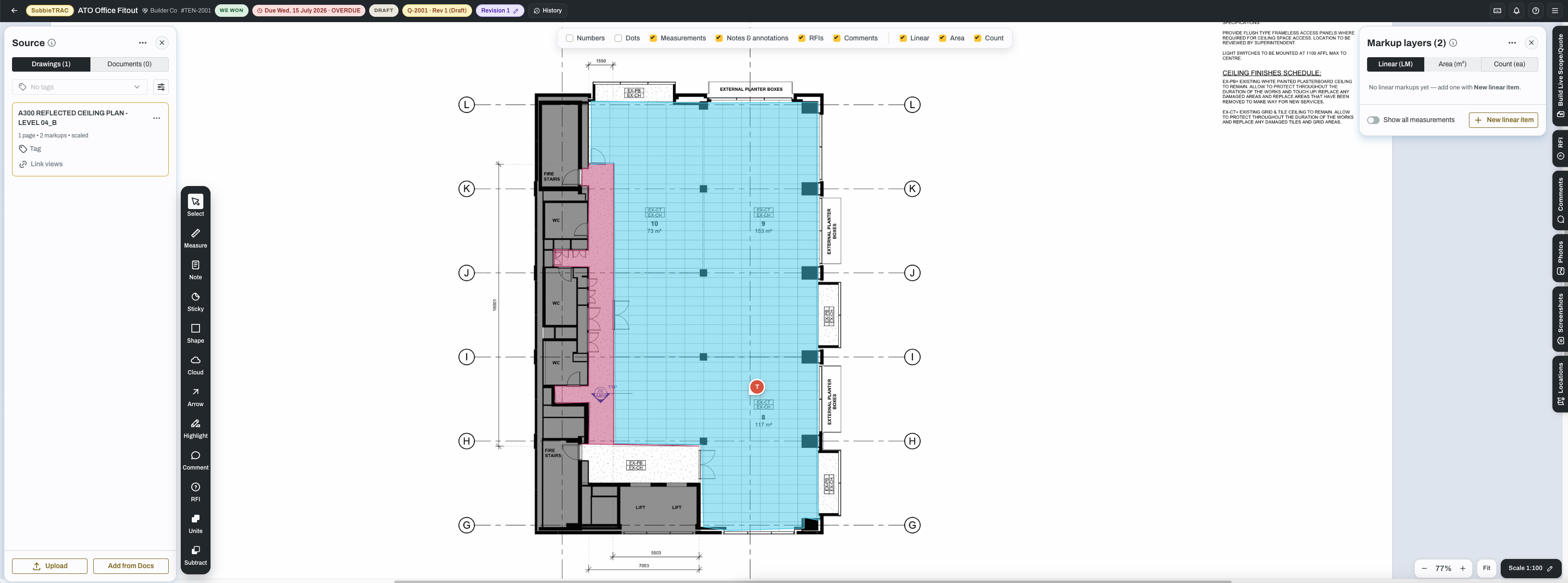 A SubbieTRAC takeoff on a scaled reflected ceiling plan, with measured areas of 73, 153 and 117 square metres, the measure toolbar on the left and a markup layers panel on the right.