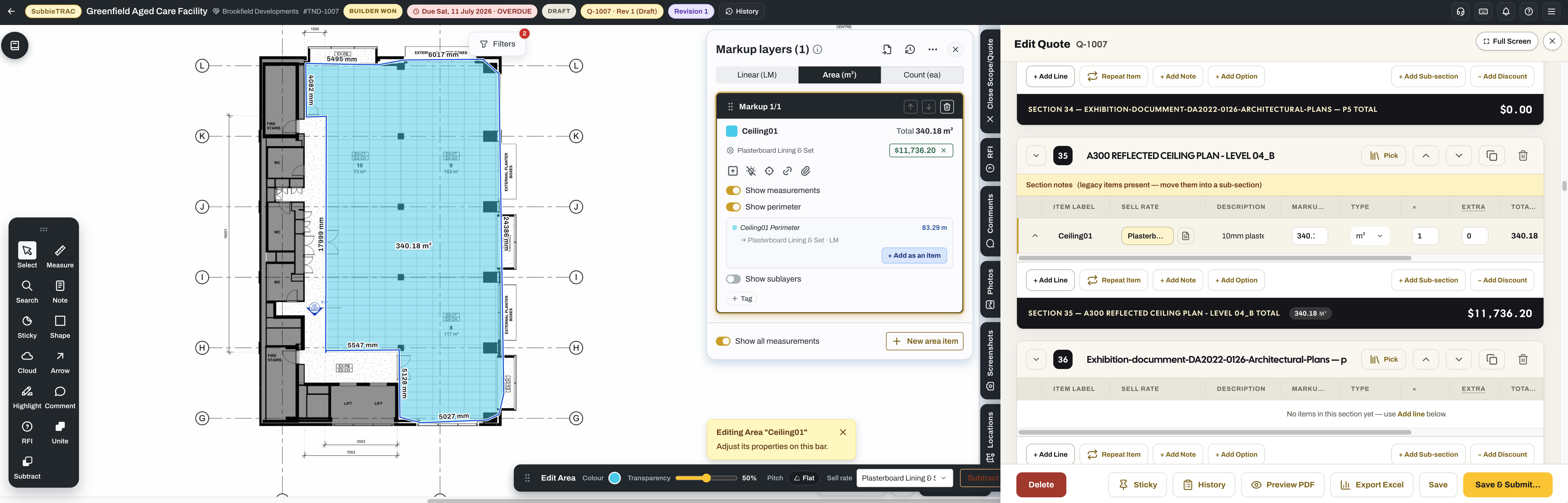 Takeoff with the live quote: the measured drawing on the left, its markup layer in the middle, and the Edit Quote panel on the right with the measured line already priced.