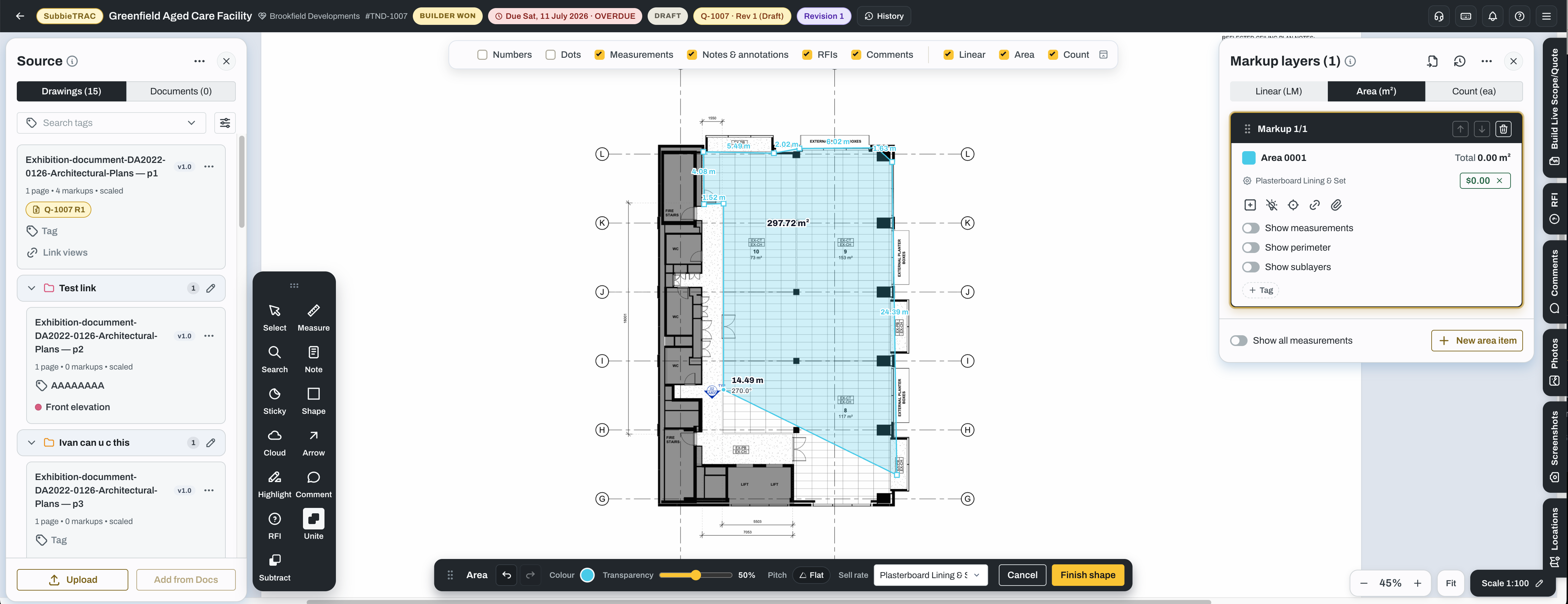 A takeoff during markup: a comment pinned to the drawing, the area layer showing 340 m² and its price, Show measurements and Show perimeter switched on, and the RFI, Comments, Photos and Build Live Scope/Quote tabs down the right edge.