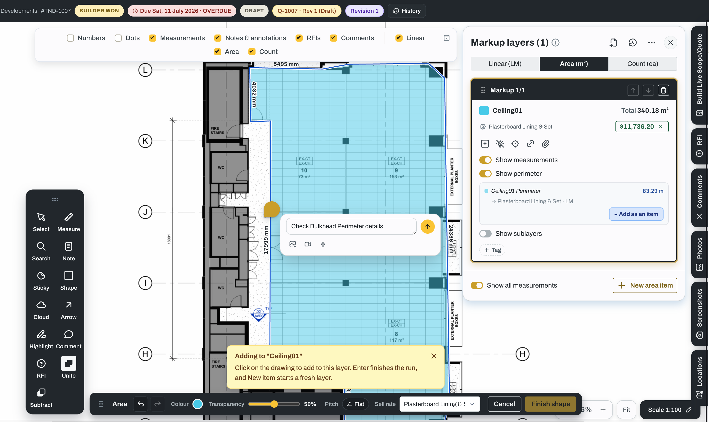 A takeoff in progress: the source drawings panel on the left with tags and linked views, a scaled floor plan with a measured area shaded blue in the middle, and the Markup layers panel on the right showing the area, its Sell Rate and its total.